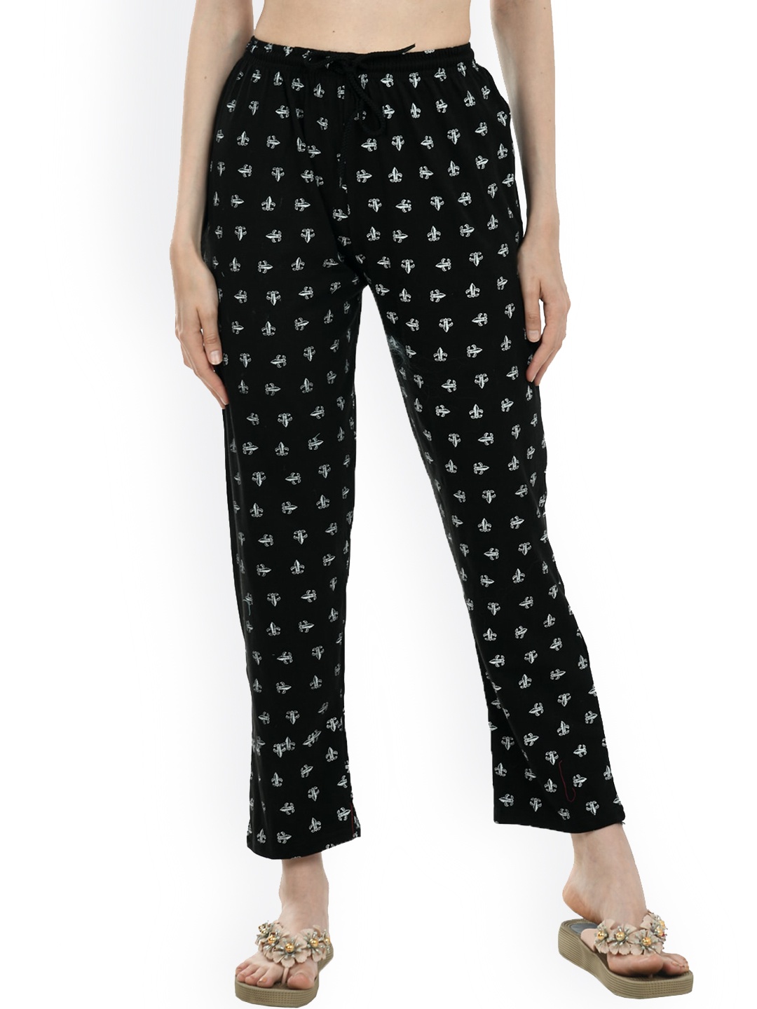 

IndiWeaves Women Pure Cotton Printed Lounge Pants, Black