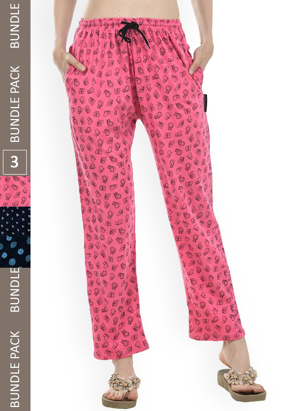 

IndiWeaves Women Pack Of 3 Printed Pure Cotton Straight Lounge Pants, Pink