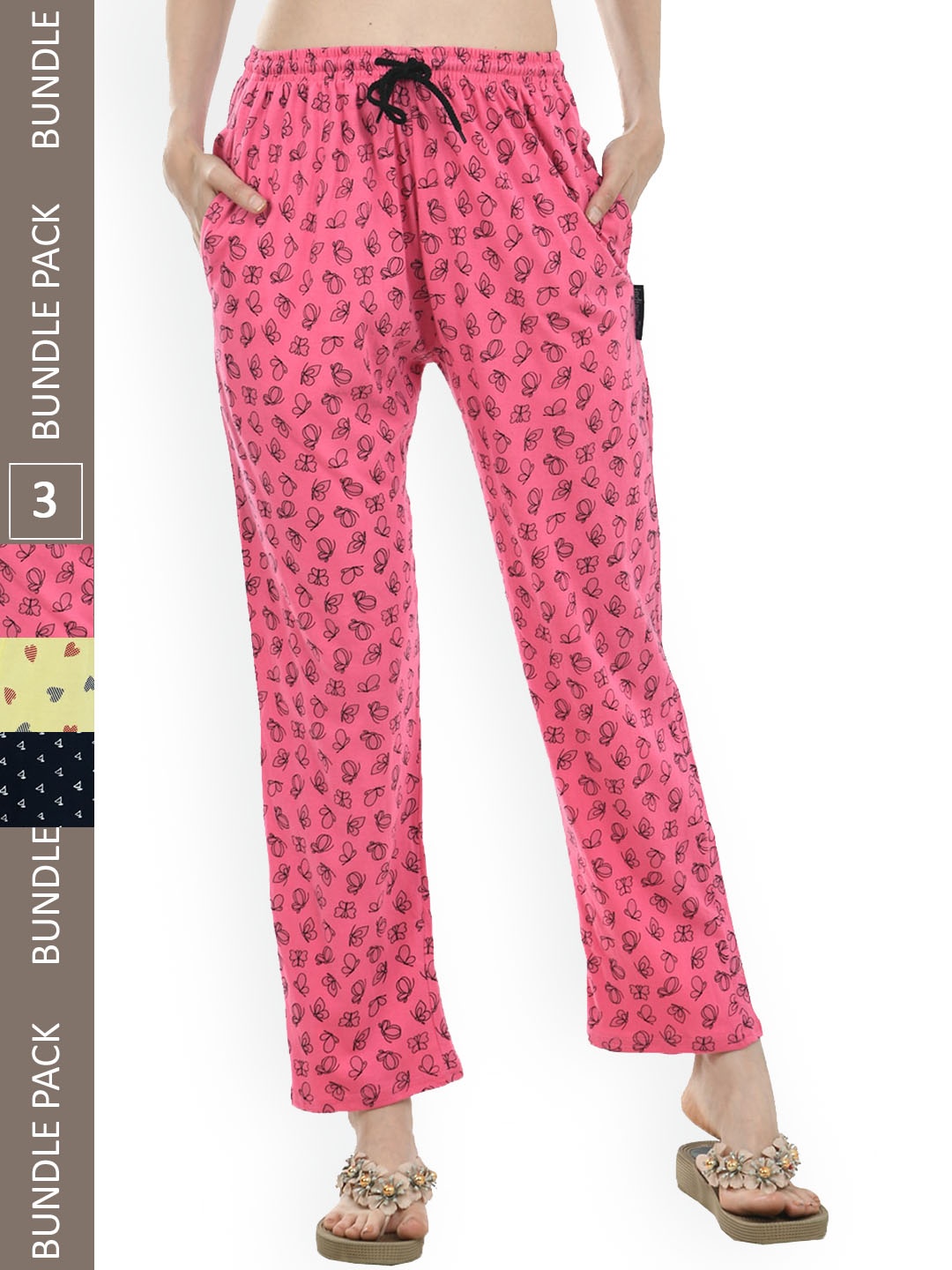 

IndiWeaves Women Pack Of 3 Printed Pure Cotton Straight Lounge Pants, Pink