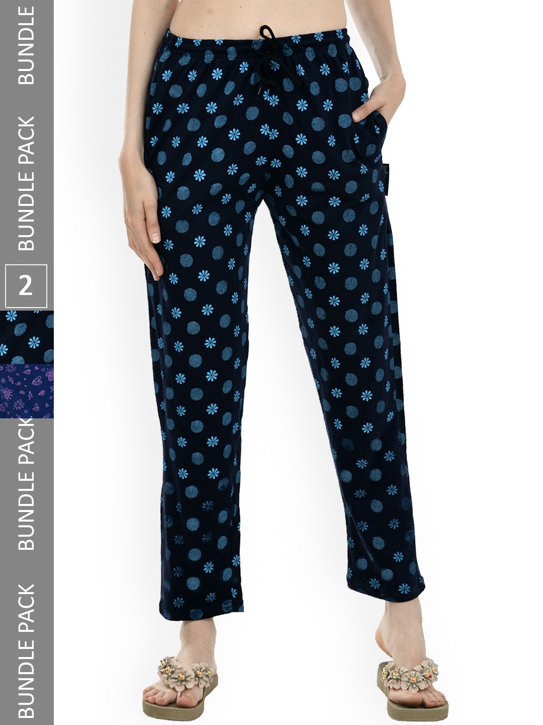 

IndiWeaves Women Pack Of 2 Printed Mid-Rise Pure Cotton Lounge Pants, Blue
