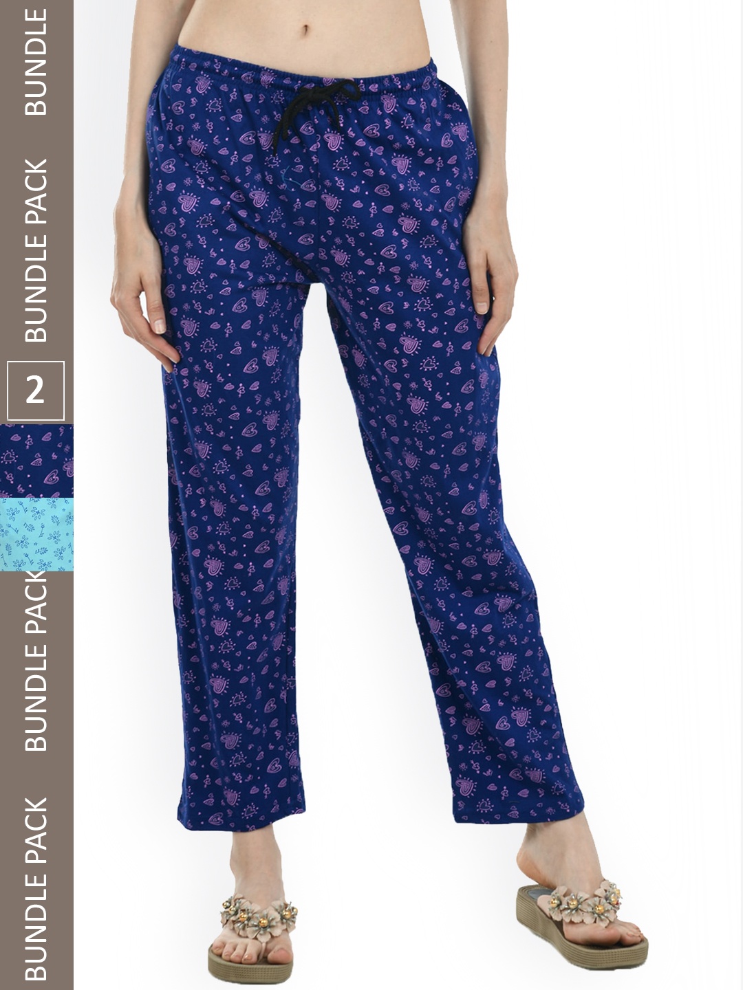

IndiWeaves Women Pack Of 2 Printed Mid-Rise Pure Cotton Lounge Pants, Blue
