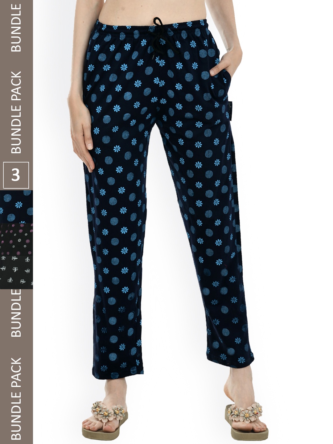 

IndiWeaves Women Pack of 3 Pure Cotton Printed Lounge Pants, Blue