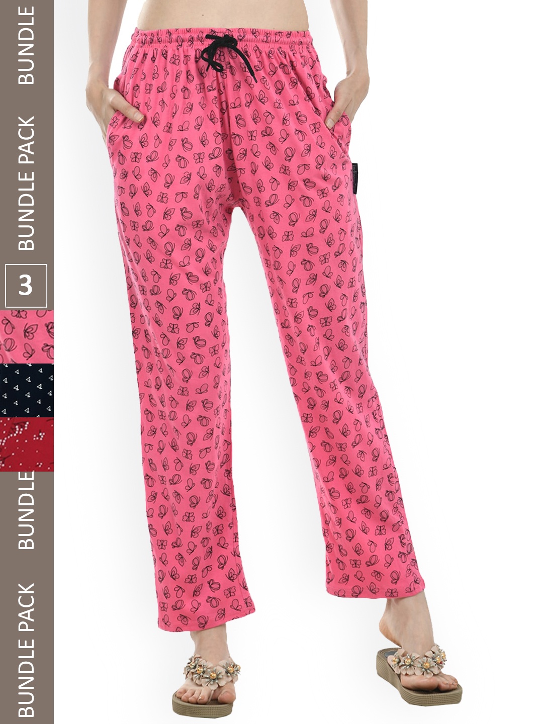 

IndiWeaves Women Pack Of 3 Printed Mid-Rise Pure Cotton Lounge Pants, Pink