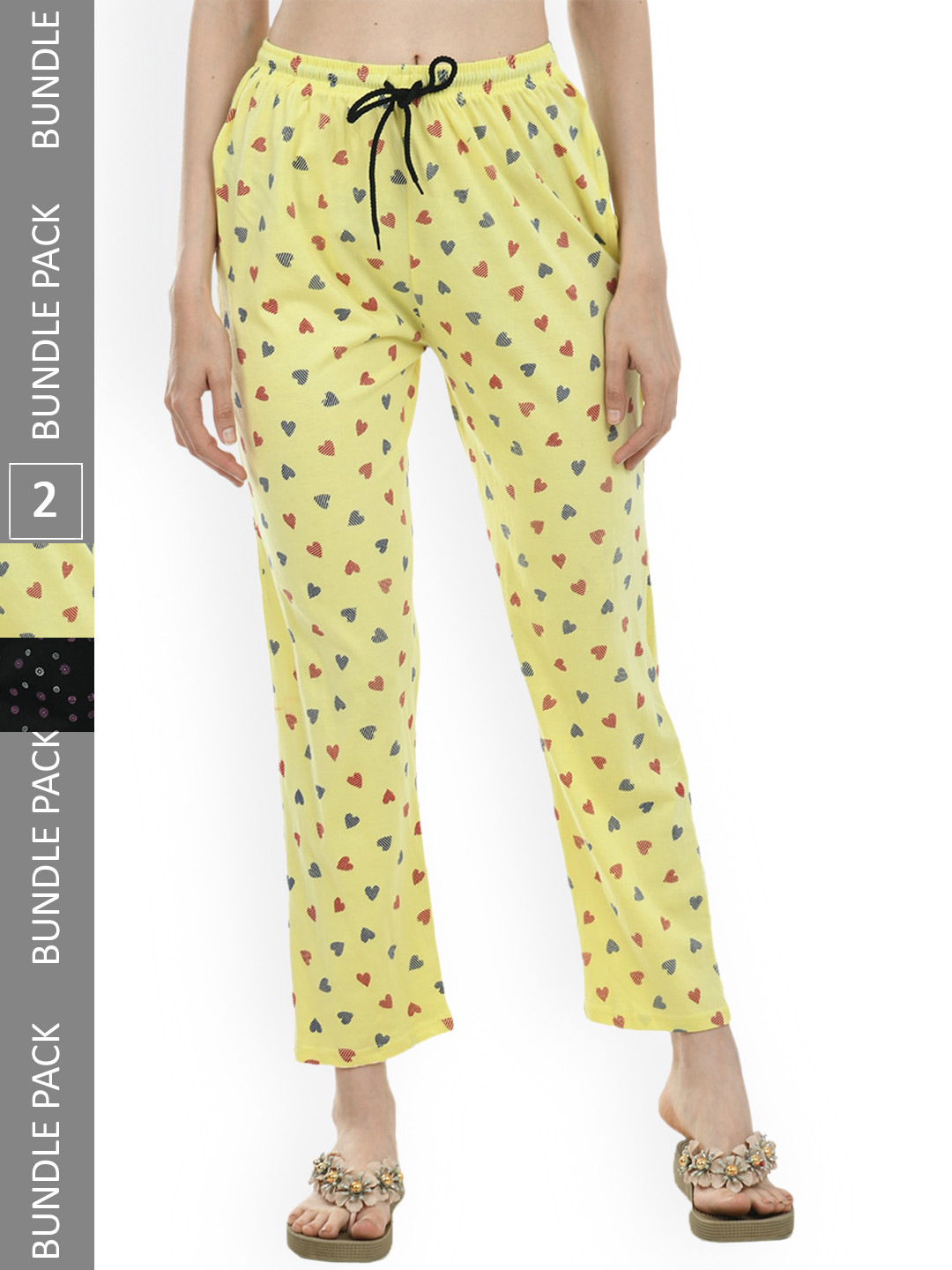 

IndiWeaves Women Pack Of 2 Printed Pure Cotton Straight Lounge Pants, Yellow