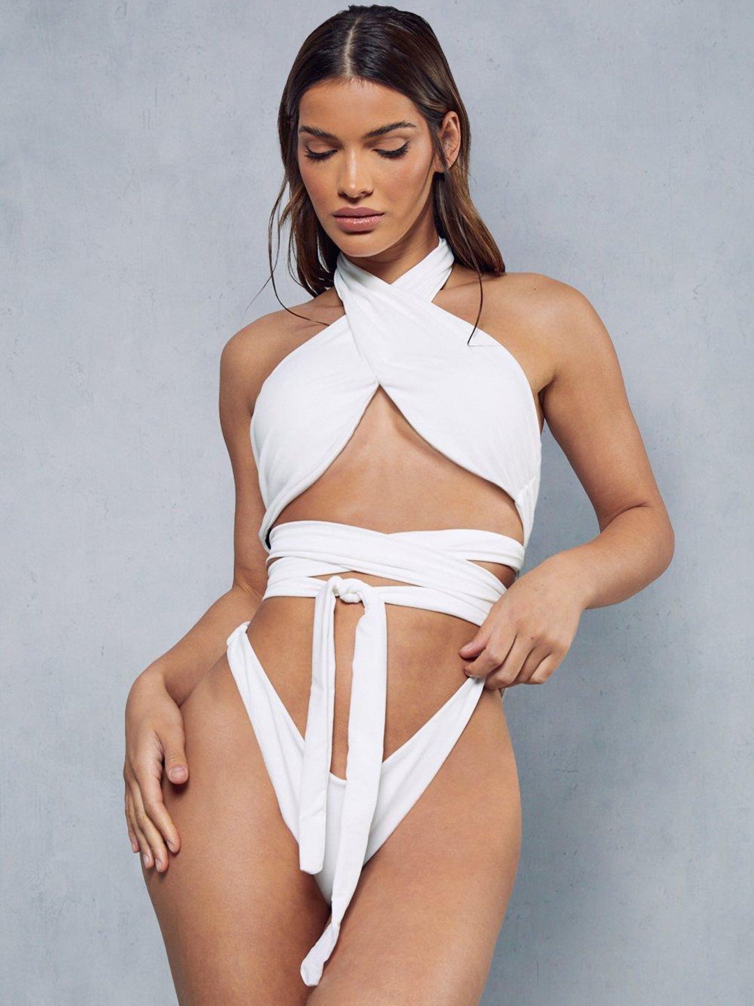 

MISSPAP Halter Neck Criss-Cross Tie-Up Bikini Set, White