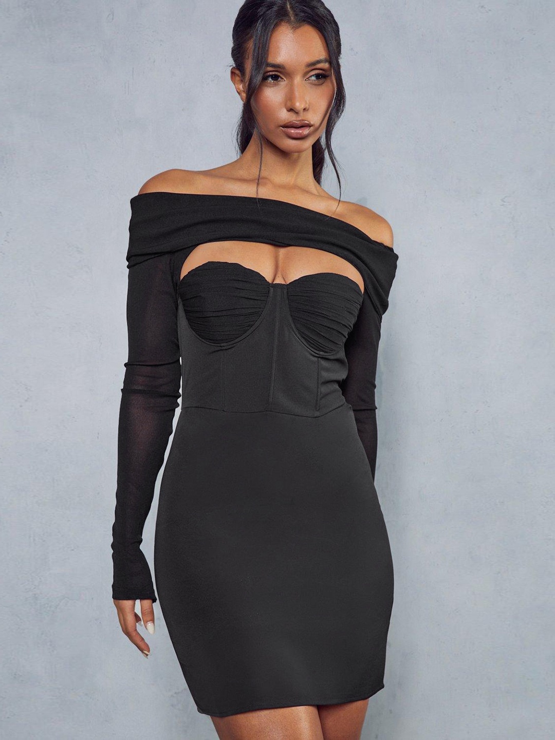 

MISSPAP Off-Shoulder Mesh Corset Overlay Sheath Mini Dress, Black