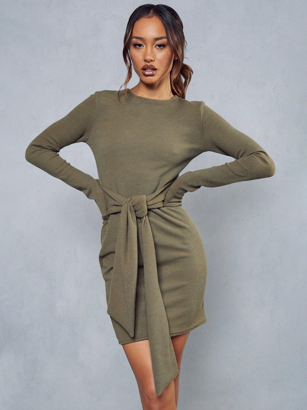 

MISSPAP Ribbed Long Sleeves Tie-Up Waist Sheath Dress, Olive