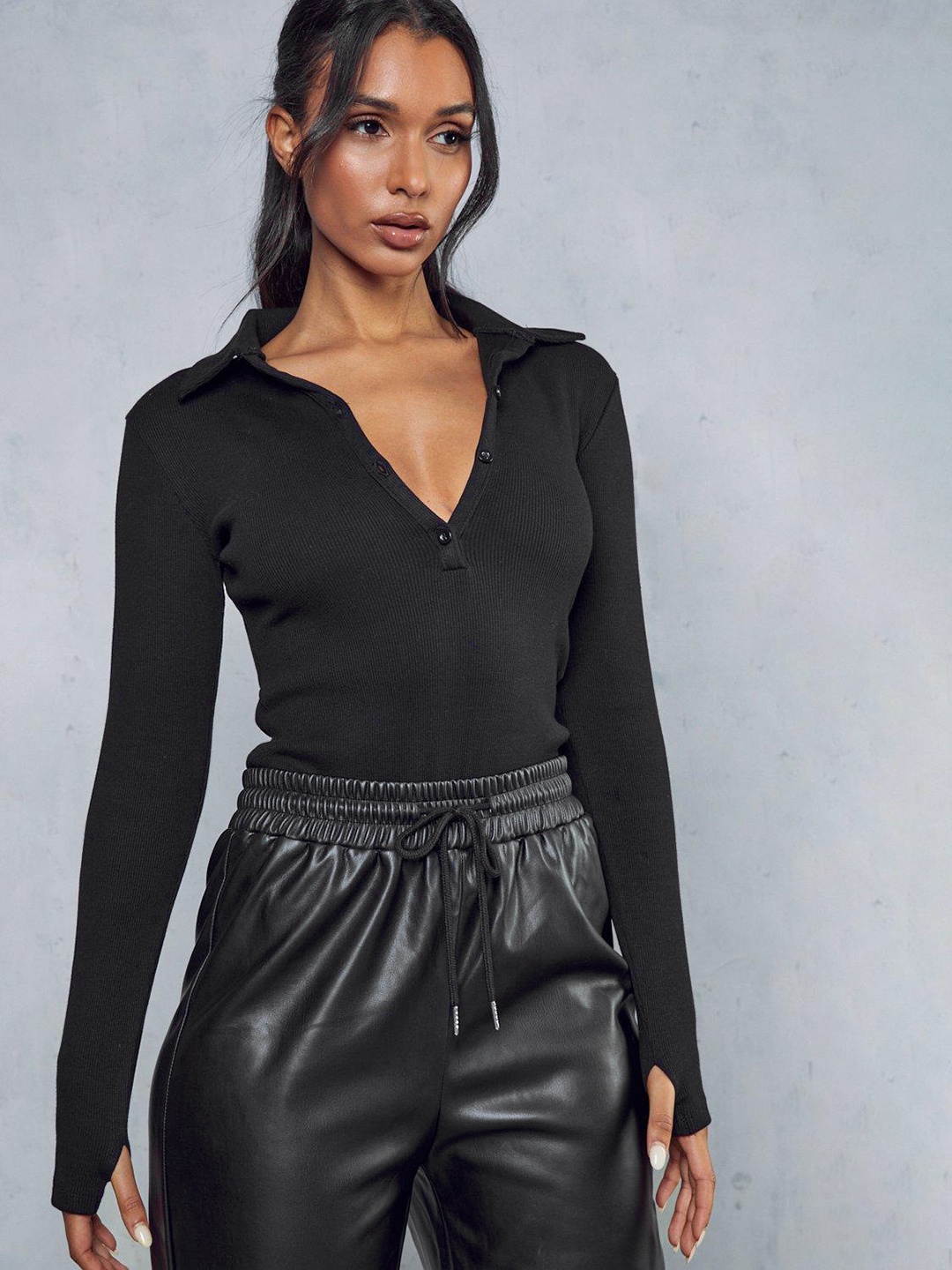

MISSPAP Ribbed Knitted Bodysuit, Black