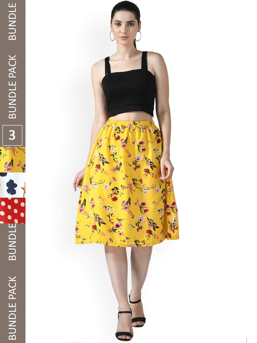 

IndiWeaves Pack of 3 Floral Printed Flared Midi Skirts, Yellow