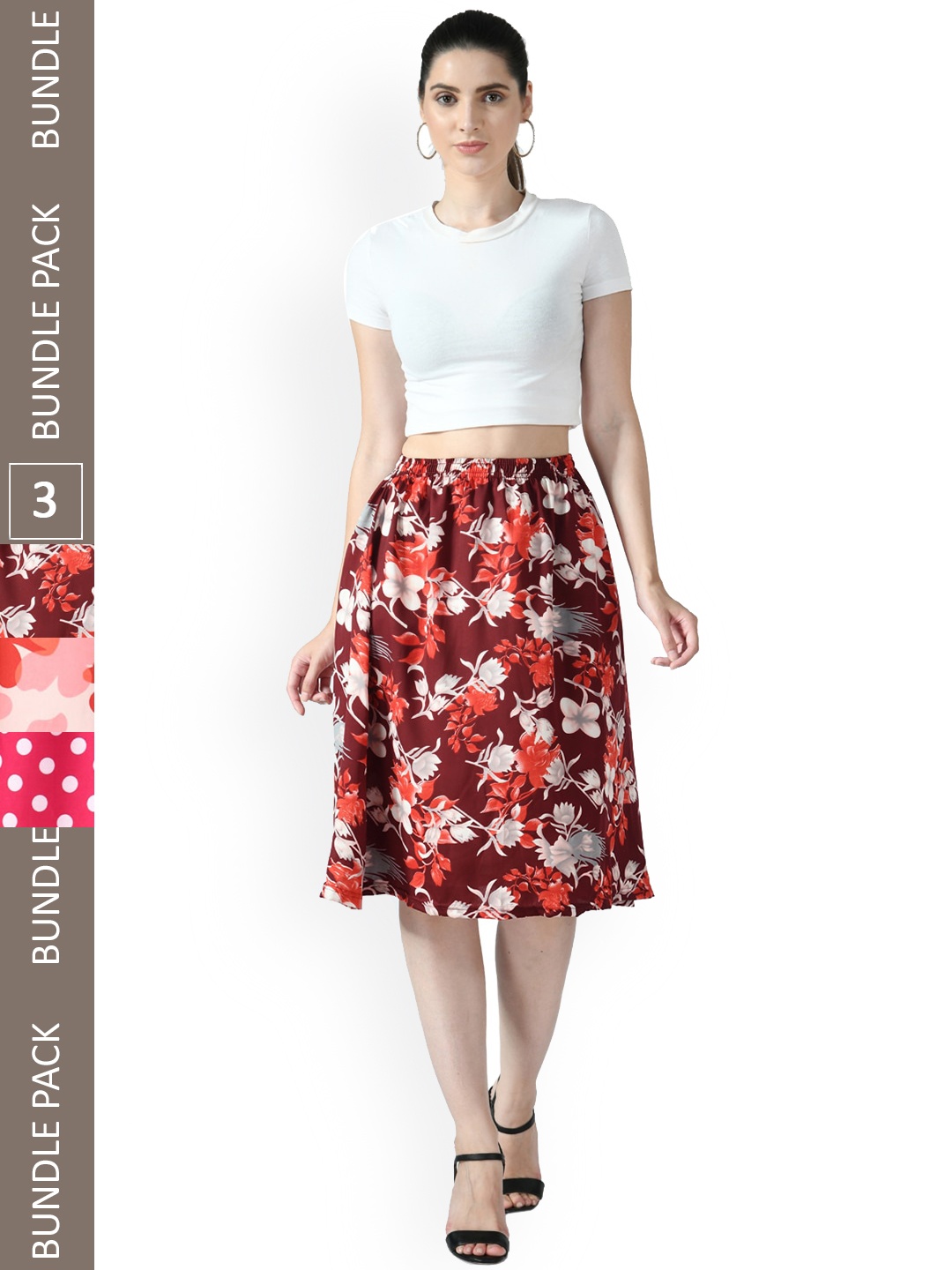 

IndiWeaves Pack of 3 Floral Printed Flared Midi Skirts, Pink