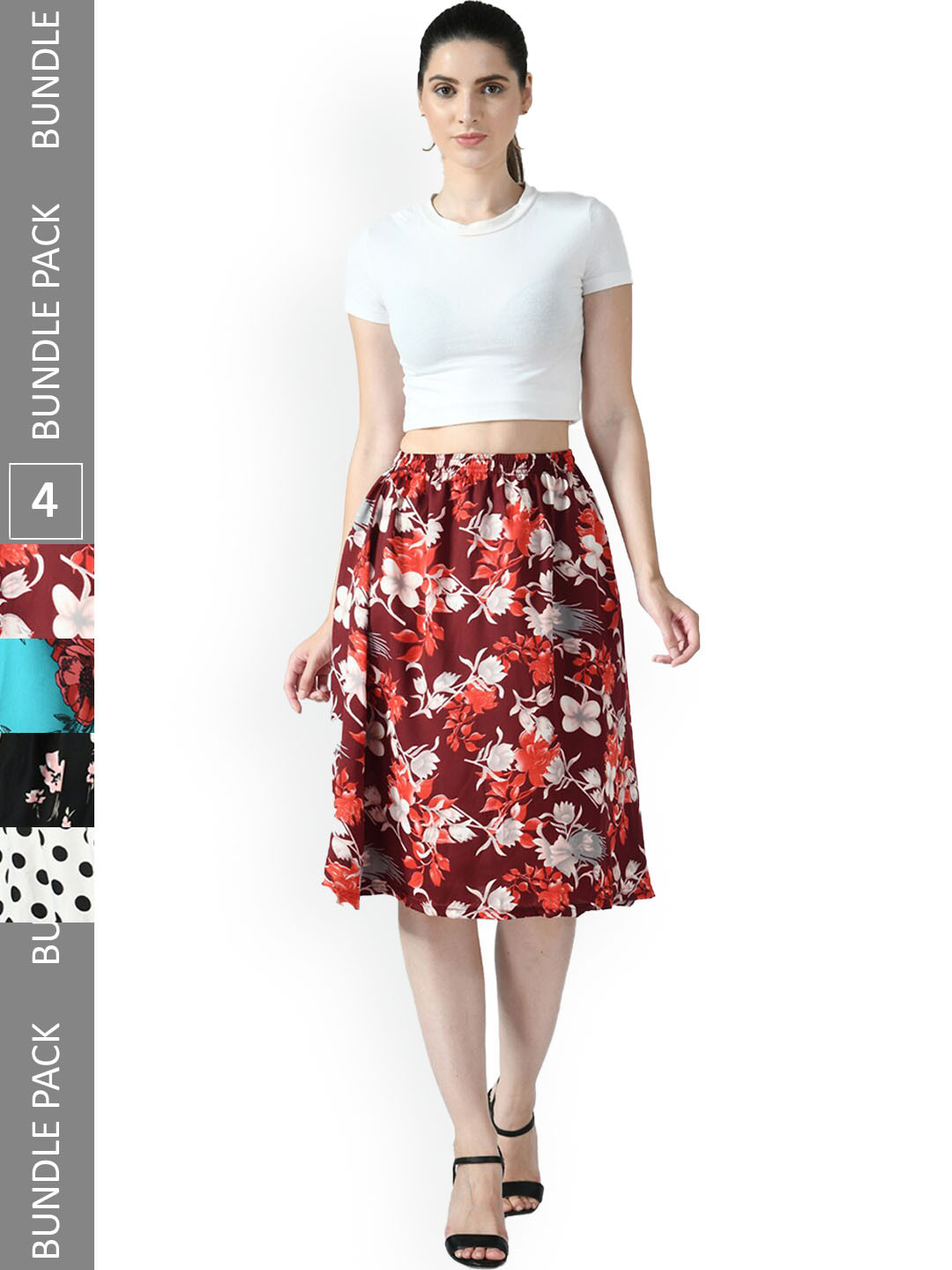 

IndiWeaves Pack of 4 Floral Printed Flared Midi Skirts, Black