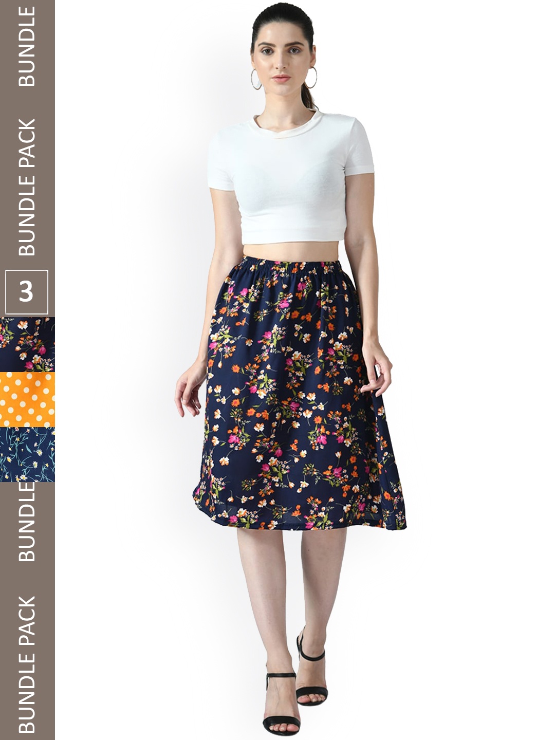 

IndiWeaves Pack of 3 Floral Printed Flared MidiSkirts, Navy blue
