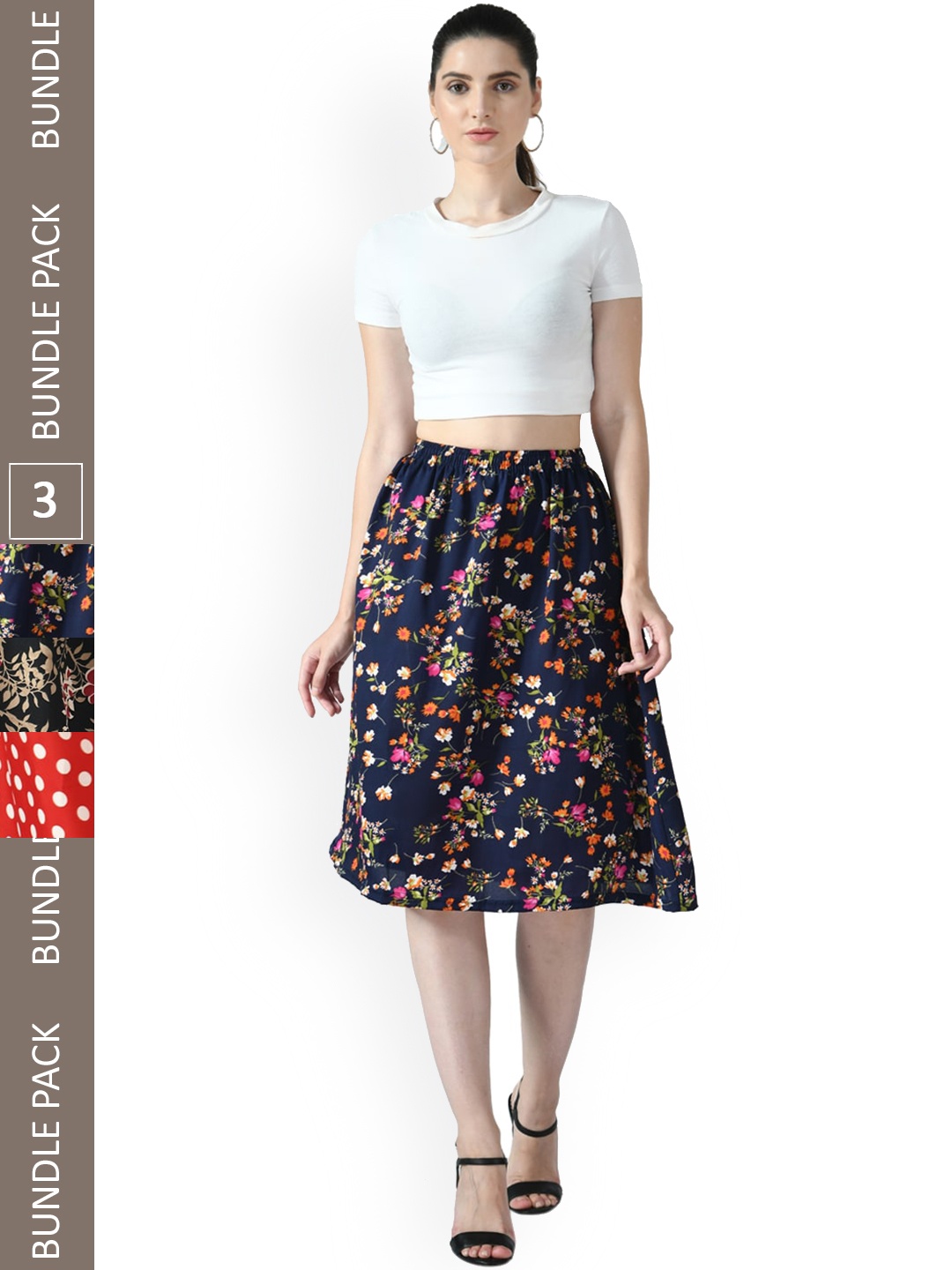 

IndiWeaves Pack of 3 Floral Printed Flared Midi Skirts, Black