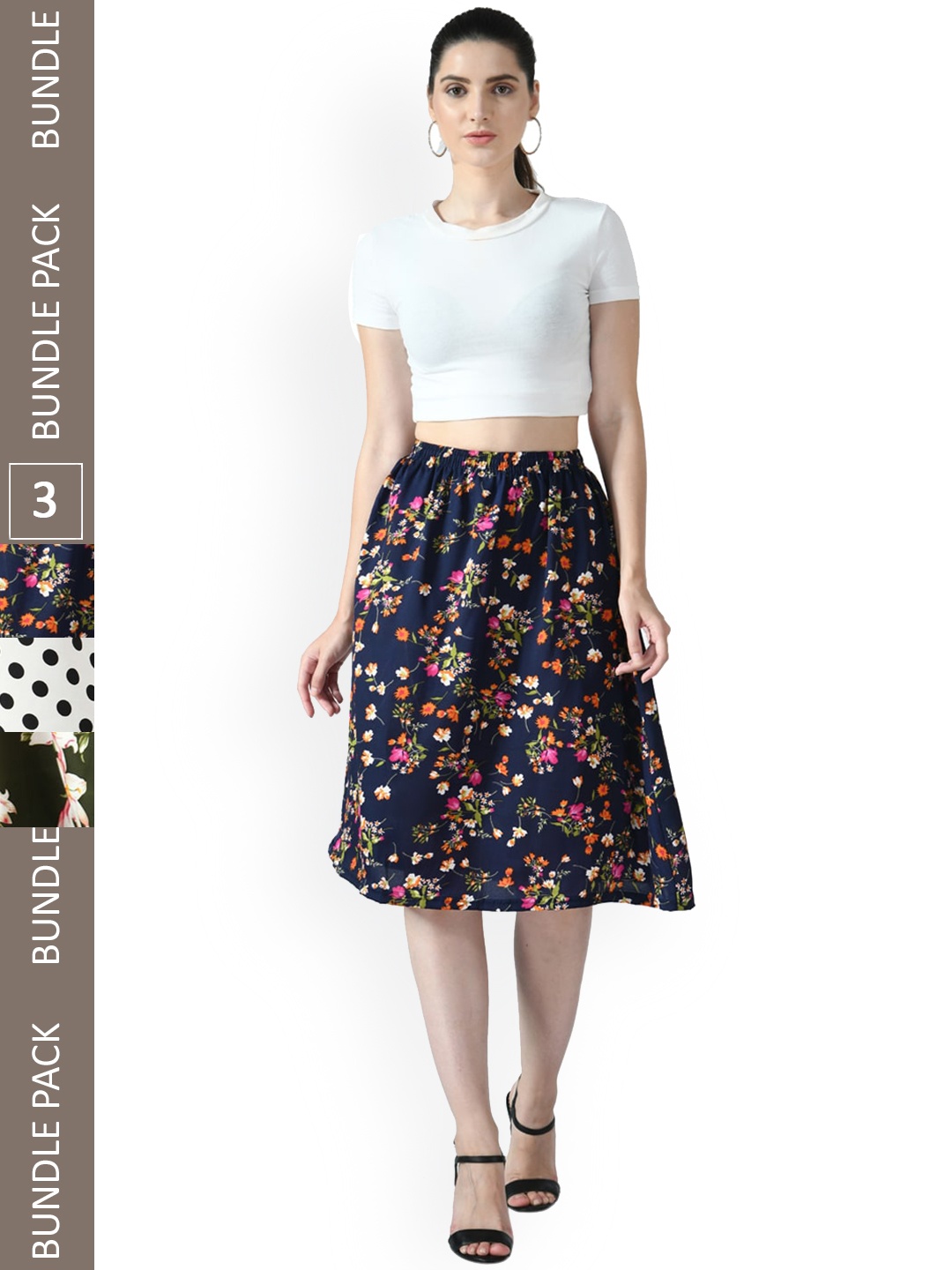 

IndiWeaves Pack of 3 Floral Printed Flared Midi Skirts, Black