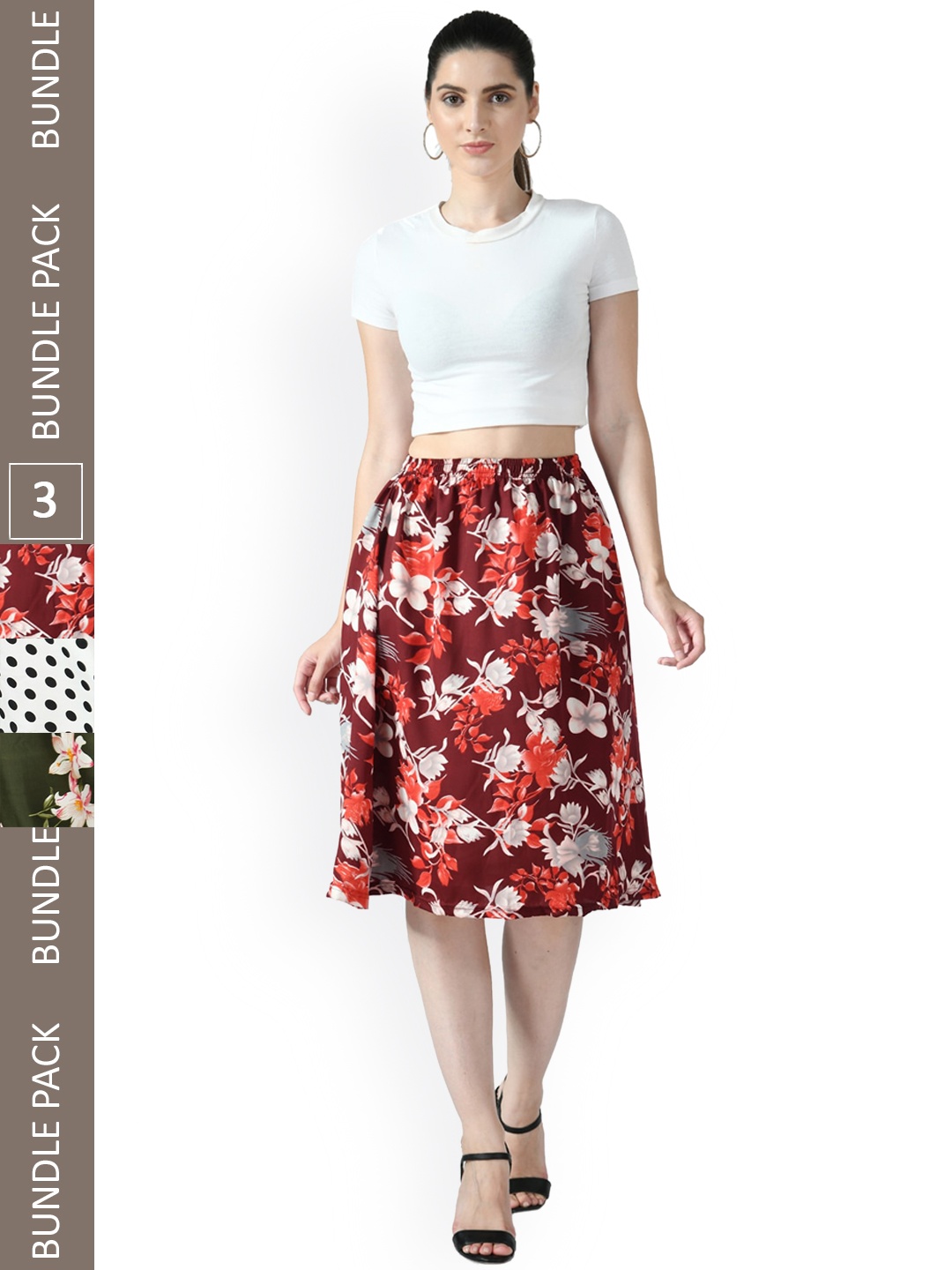 

IndiWeaves Pack of 3 Floral Printed A-line Midi Skirts, Maroon