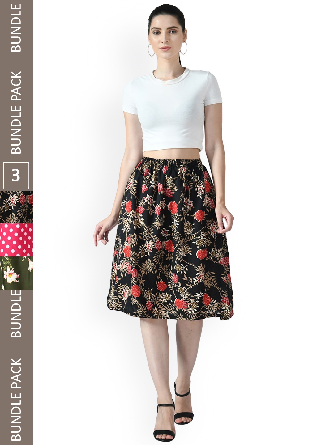 

IndiWeaves Pack of 3 Floral Printed Flared MidiSkirts, Green