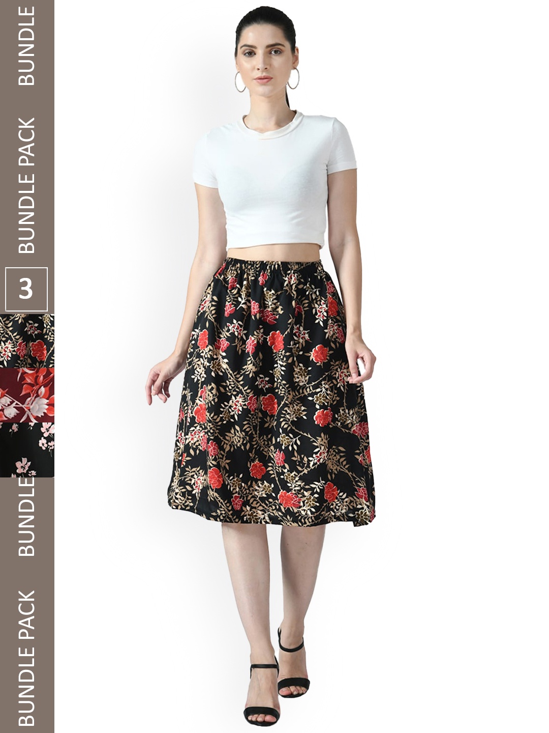 

IndiWeaves Pack of 3 Floral Printed Flared Midi Skirts, Maroon