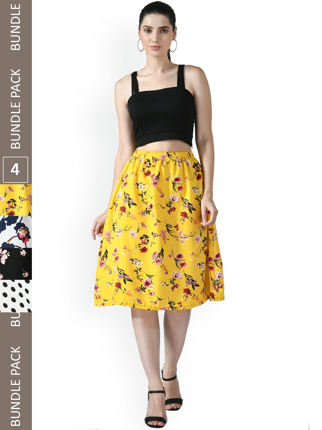 

IndiWeaves Women Pack of 4 Floral Printed Flared MidiSkirts, Yellow