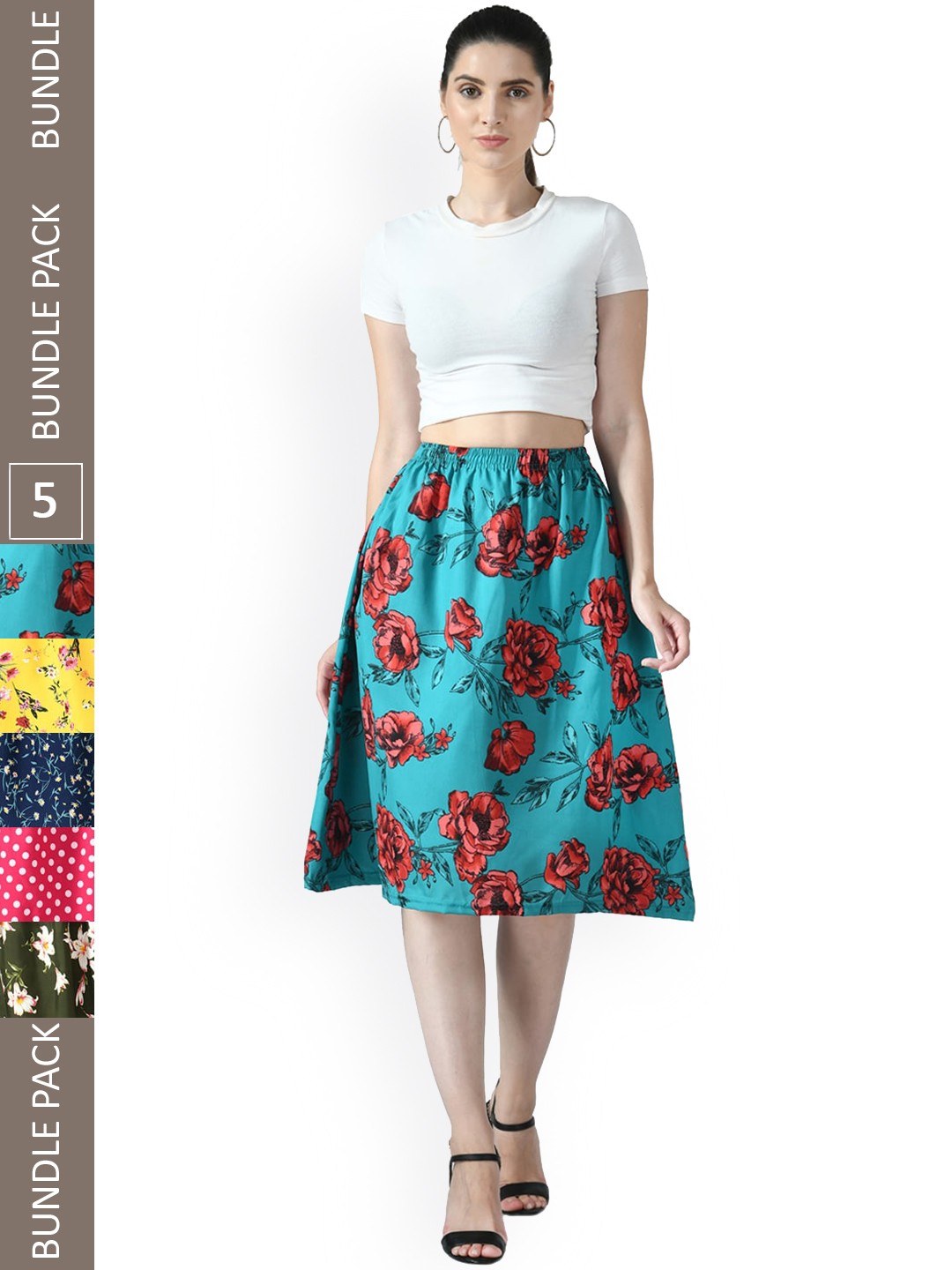 

IndiWeaves Pack of 5 Floral Printed Flared Midi Skirts, Yellow