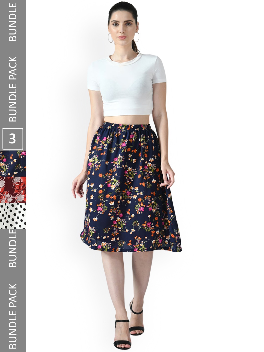 

IndiWeaves Pack of 3 Floral Printed Flared MidiSkirts, Navy blue