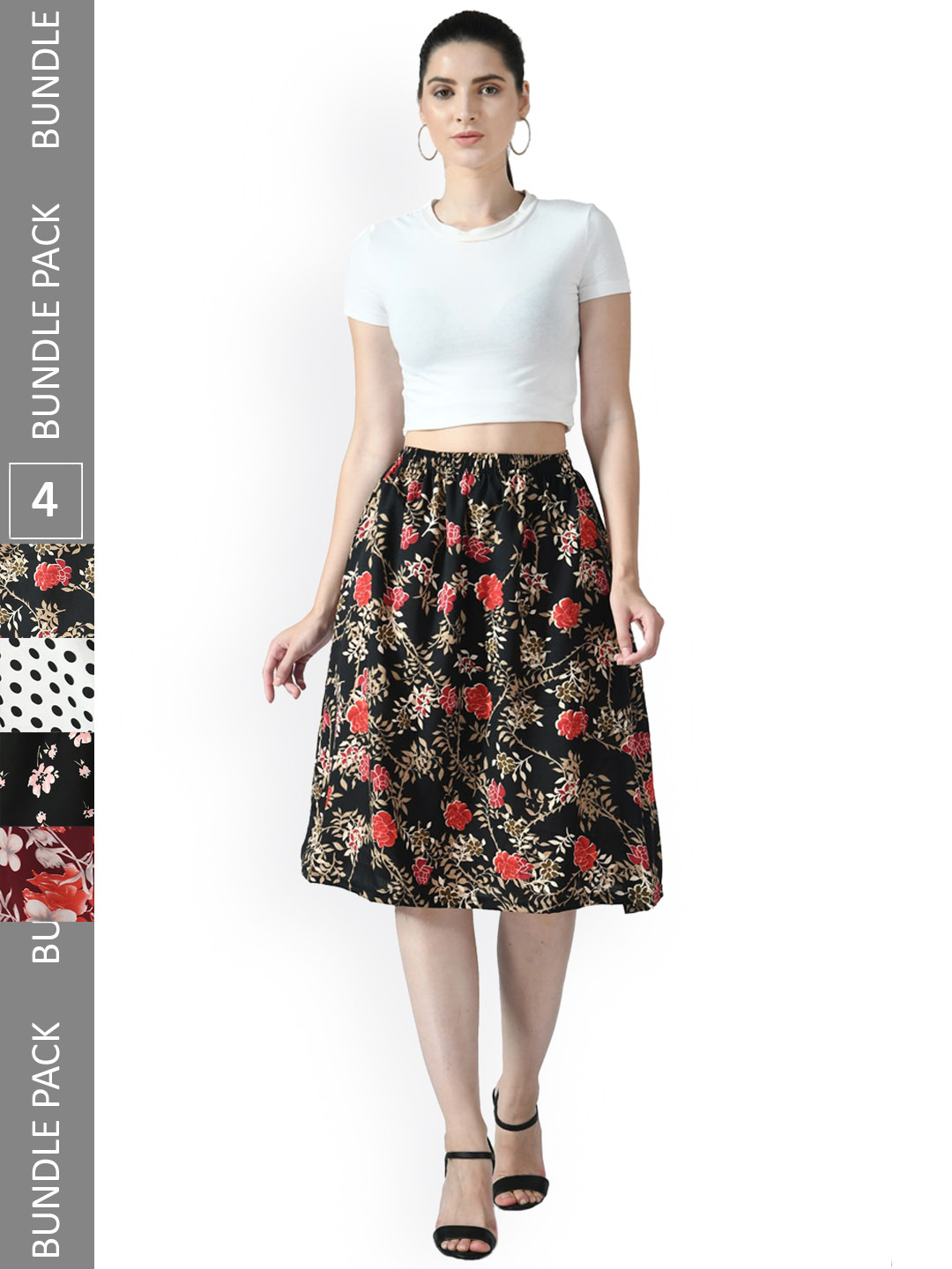 

IndiWeaves Pack of 4 Floral Printed Flared Midi Skirts, Black