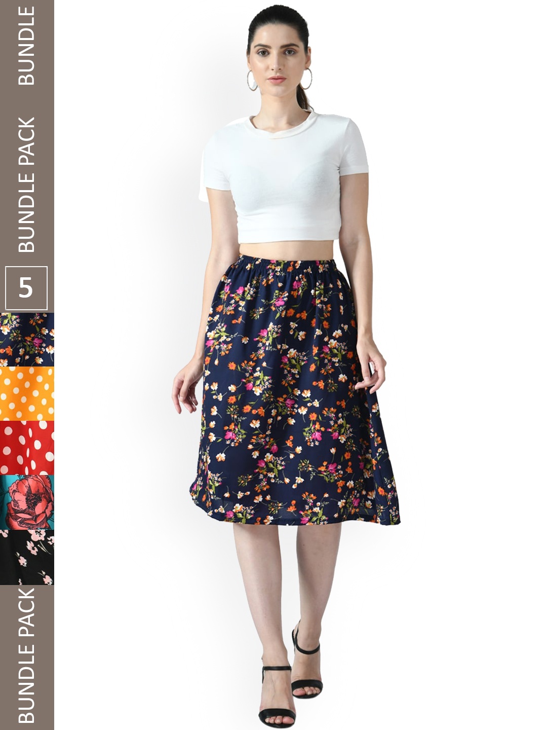 

IndiWeaves Pack of 5 Floral Printed Flared MidiSkirts, Black