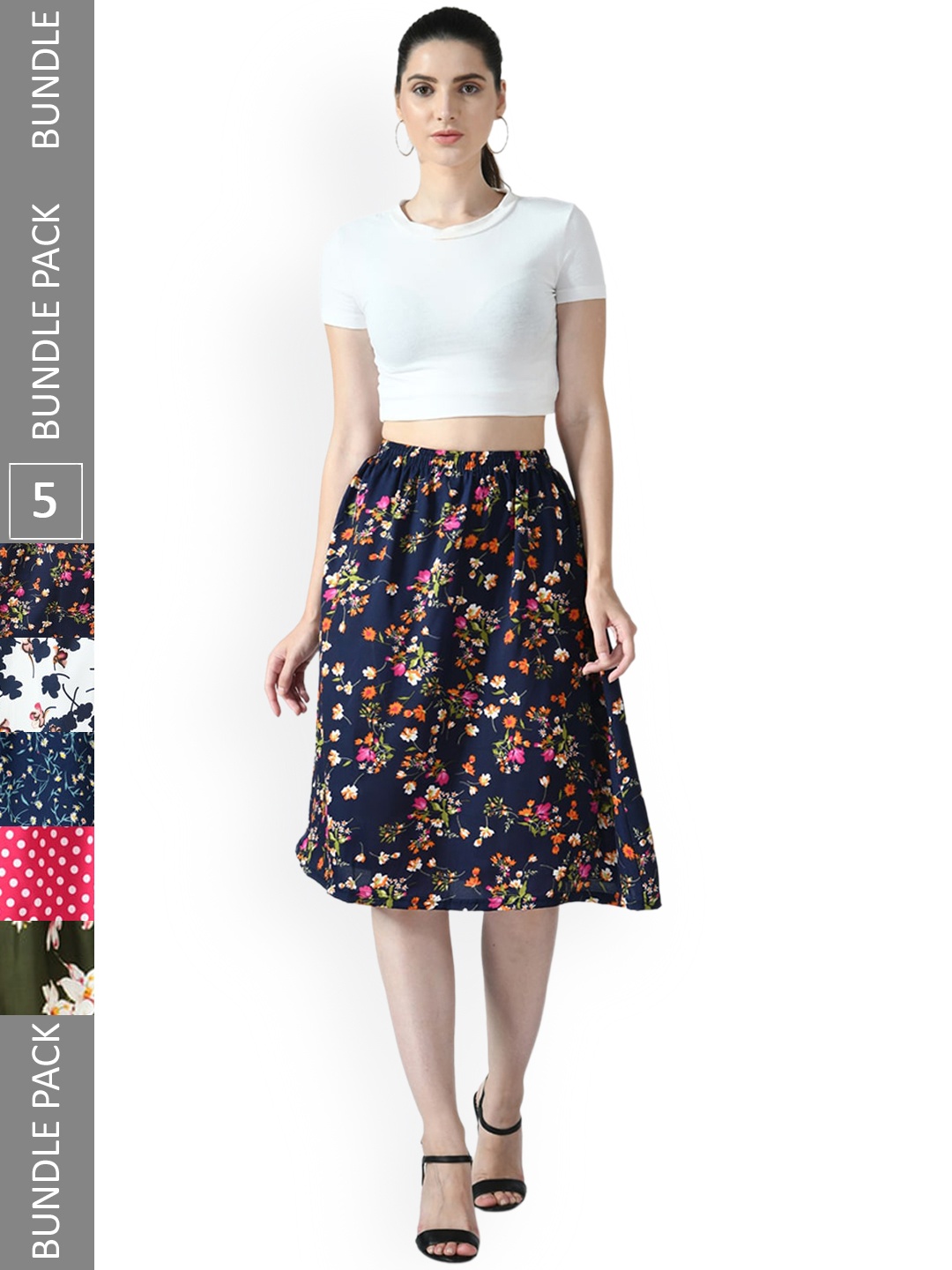 

IndiWeaves Pack of 5 Floral Printed Flared Midi Skirts, Navy blue