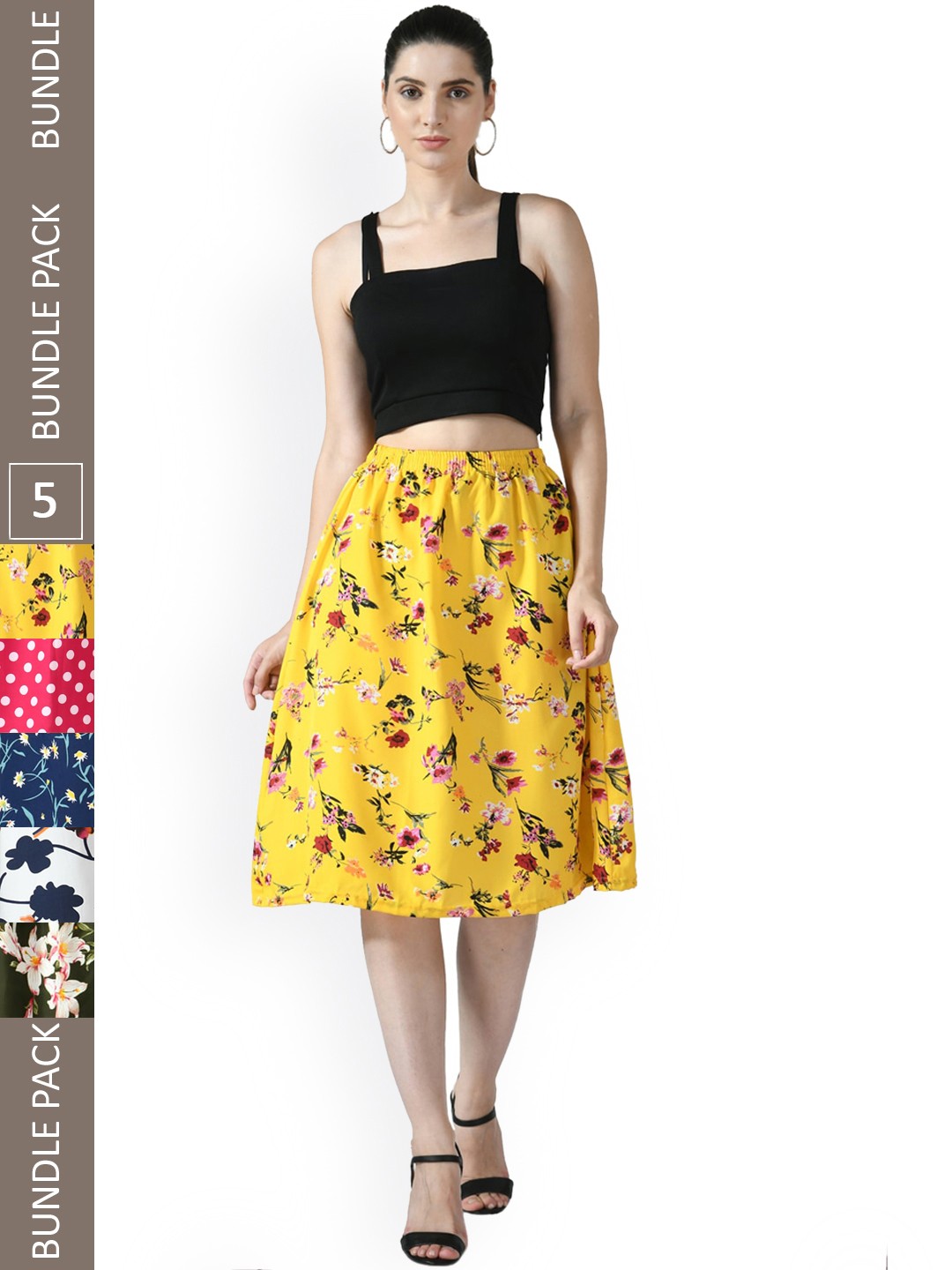 

IndiWeaves Pack of 5 Floral Printed Flared Midi Skirts, White