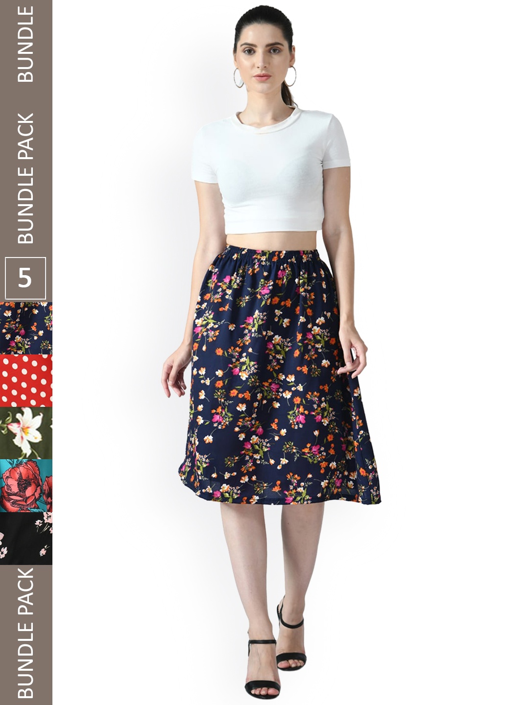 

IndiWeaves Pack of 5 Floral Printed Flared MidiSkirts, Blue