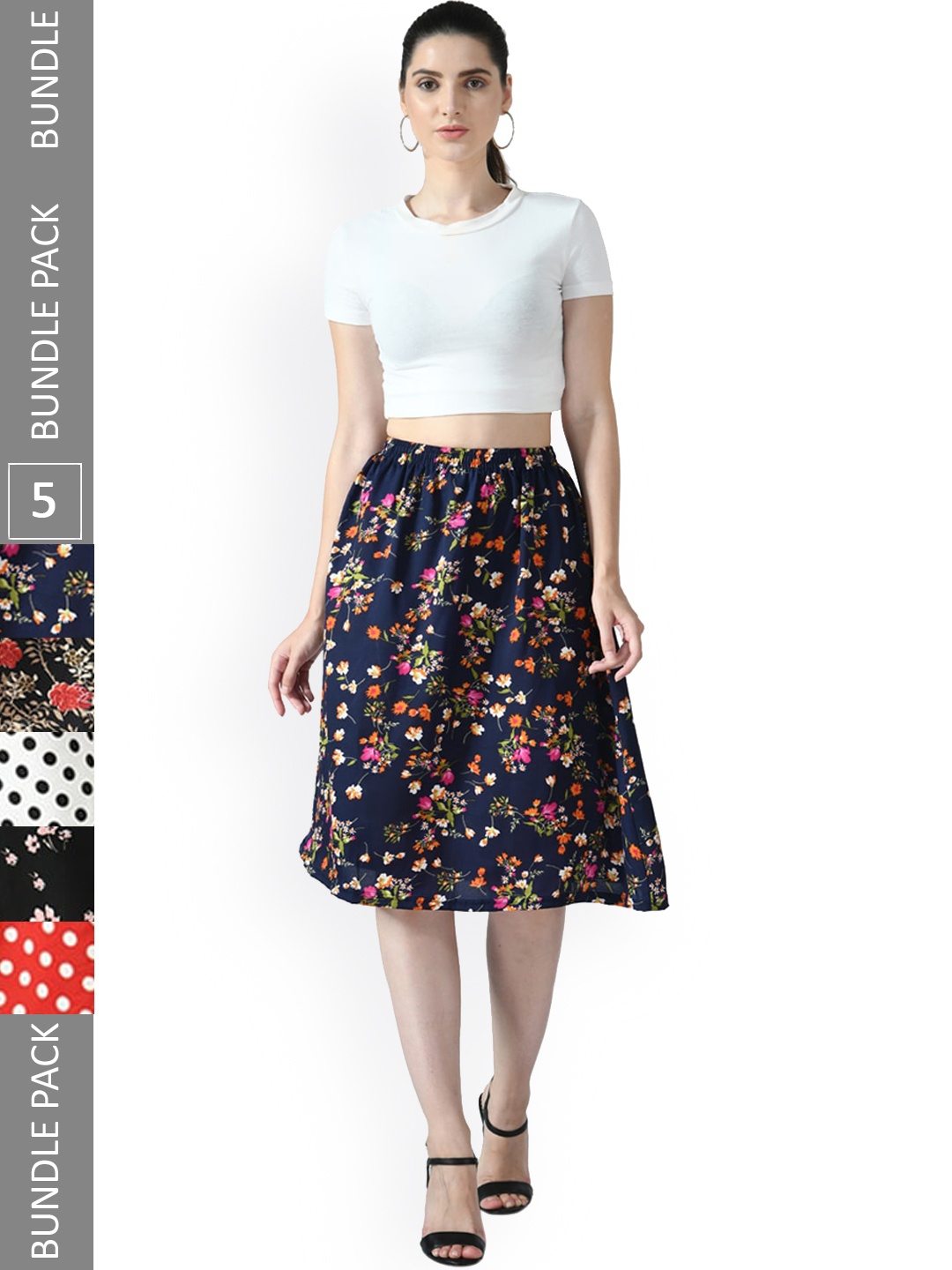 

IndiWeaves Pack of 5 Printed Flared Skirts, Navy blue