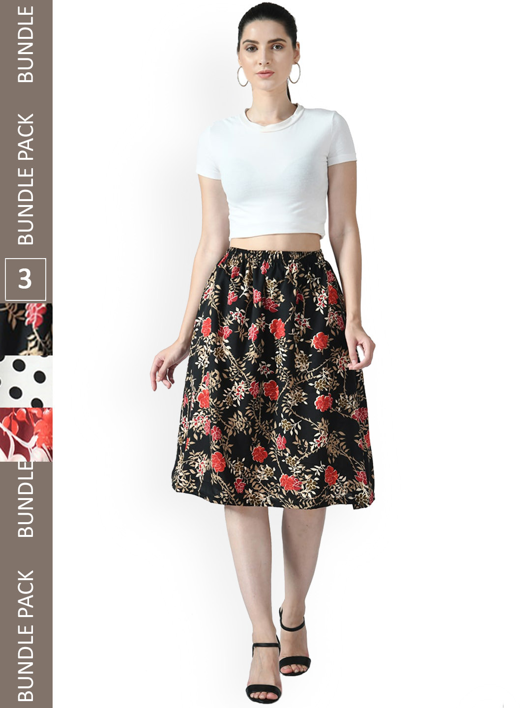 

IndiWeaves Pack of 3 Floral Printed A-line Midi Skirts, Black
