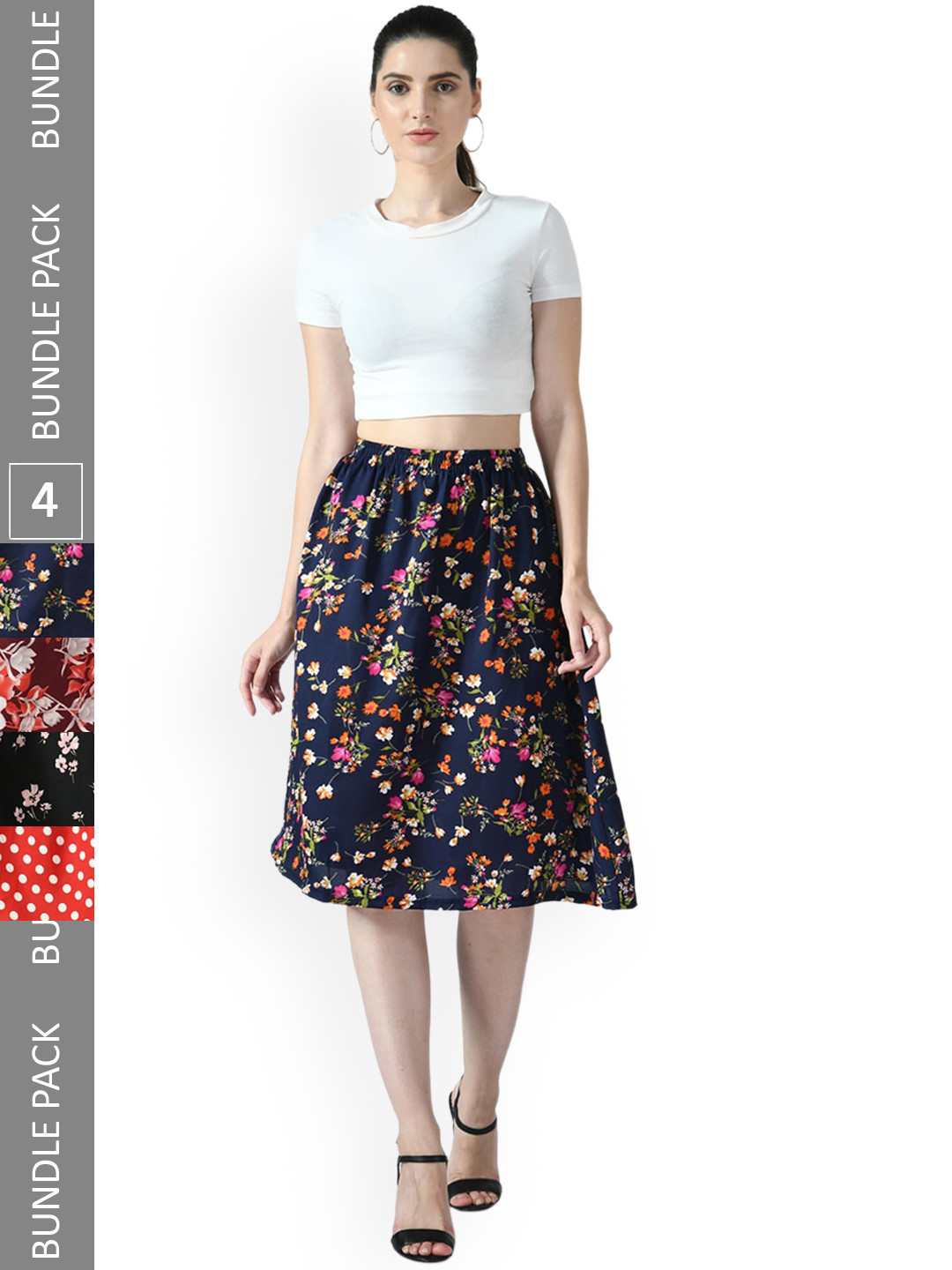 

IndiWeaves Pack of 4 Floral Printed A-line Midi Skirts, Black