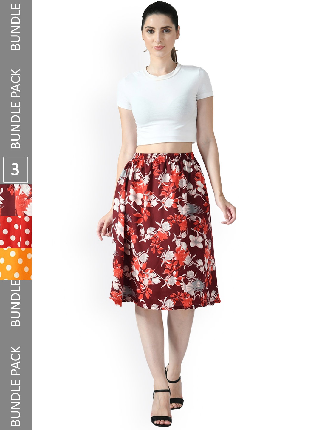 

IndiWeaves Pack of 3 Floral Printed Flared MidiSkirts, Maroon