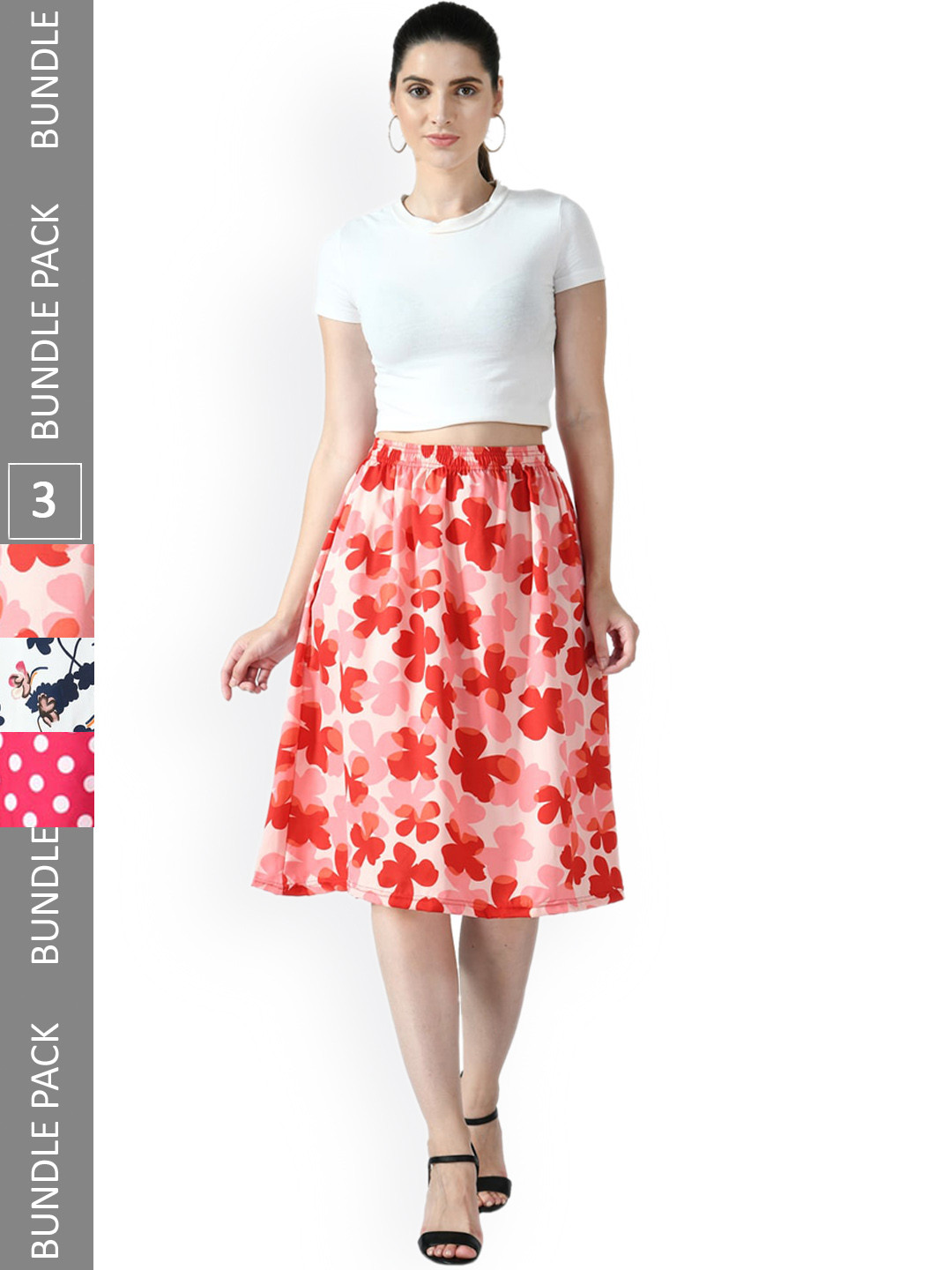 

IndiWeaves Pack of 3 Floral Printed Flared Midi Skirts, White