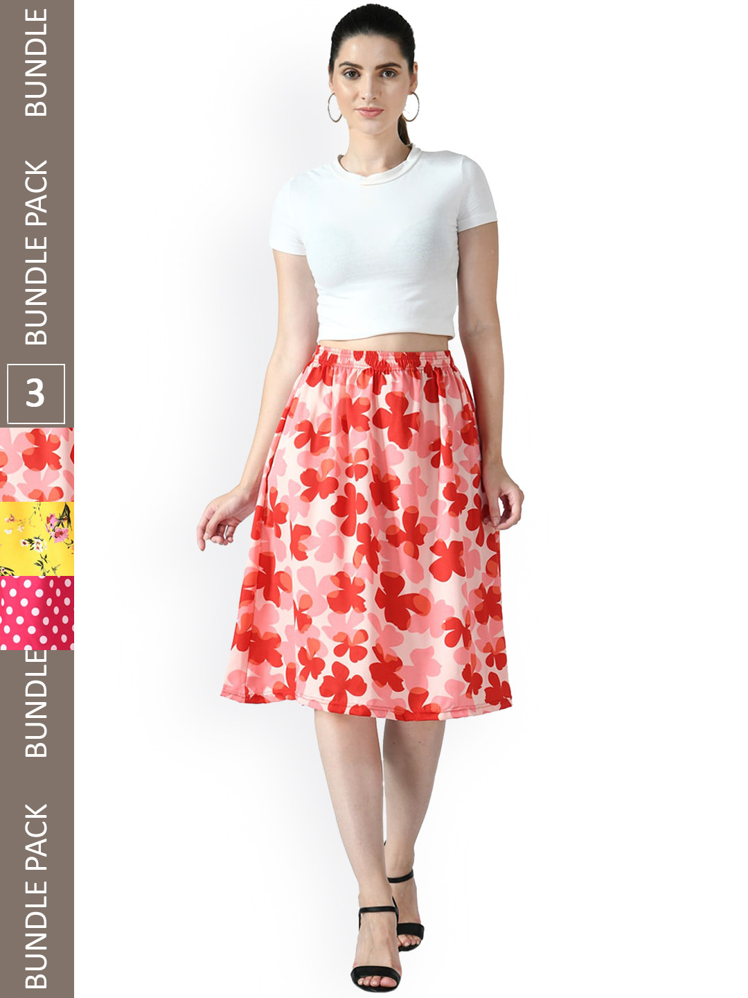 

IndiWeaves Pack of 3 Floral Printed A-line Midi Skirts, Red