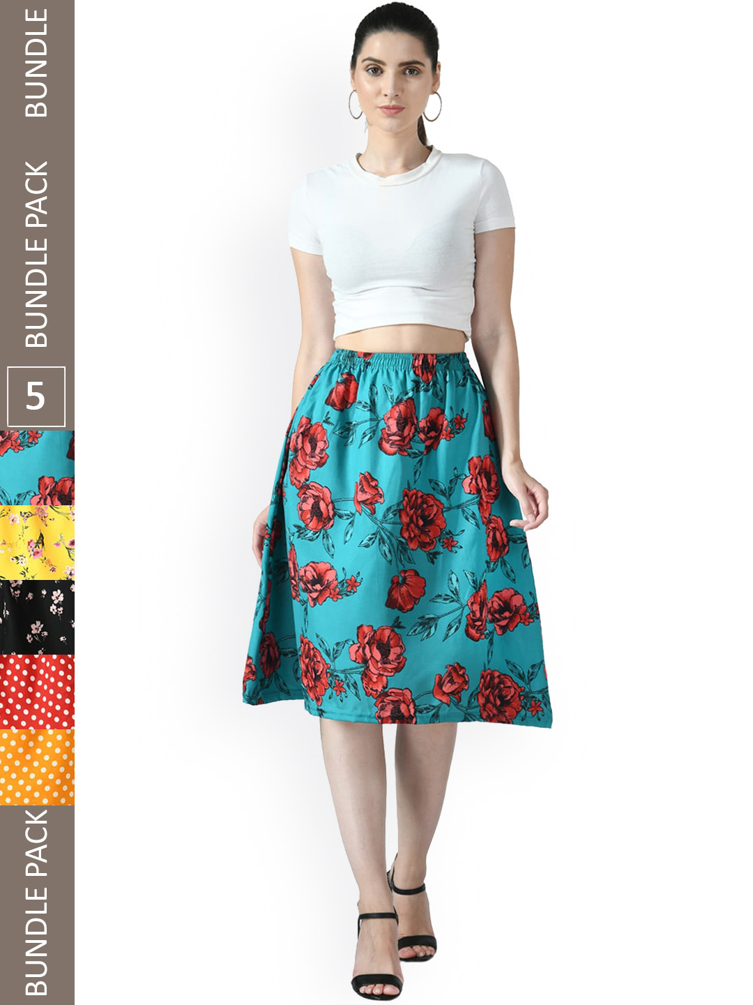 

IndiWeaves Pack of 5 Floral Printed A-line Midi Skirts, Blue