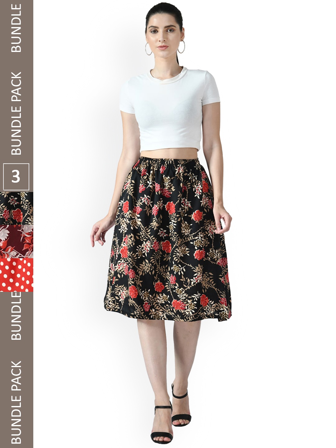

IndiWeaves Pack Of 3 Printed Flared Skirts, Red