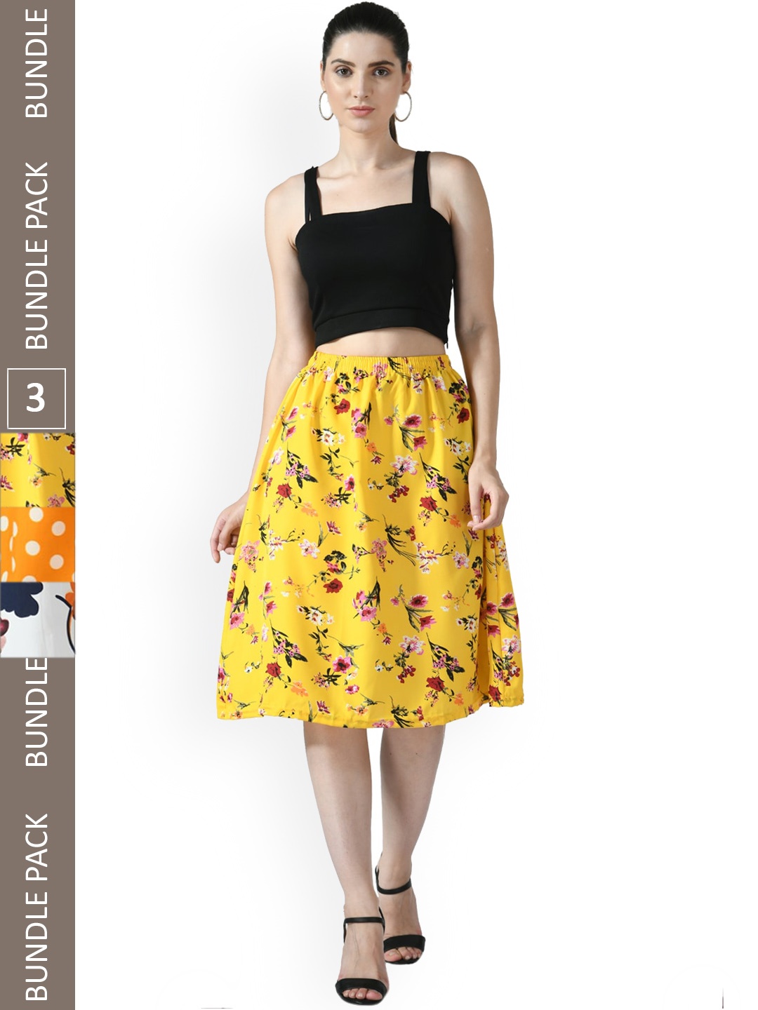 

IndiWeaves Pack of 3 Floral Printed Flared Midi Skirts, Yellow