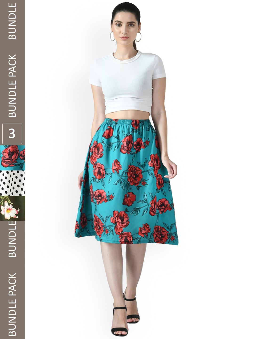 

IndiWeaves Pack of 3 Floral Printed Flared MidiSkirts, Blue