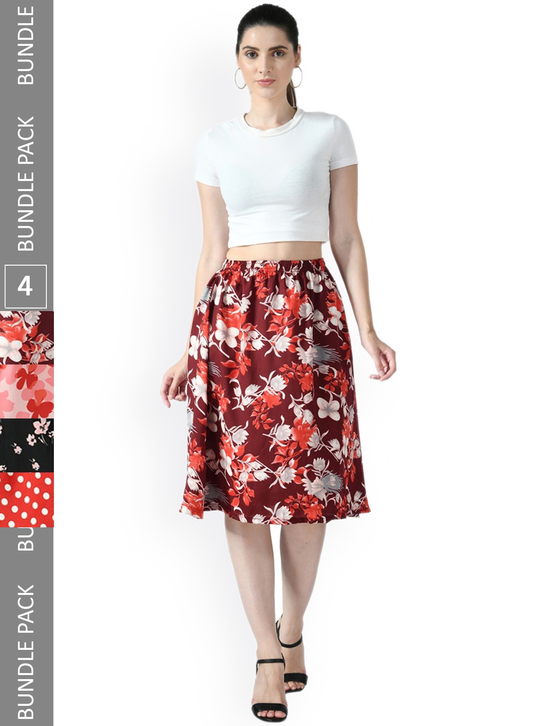 

IndiWeaves Pack of 4 Floral Printed Flared Midi Skirts, Red