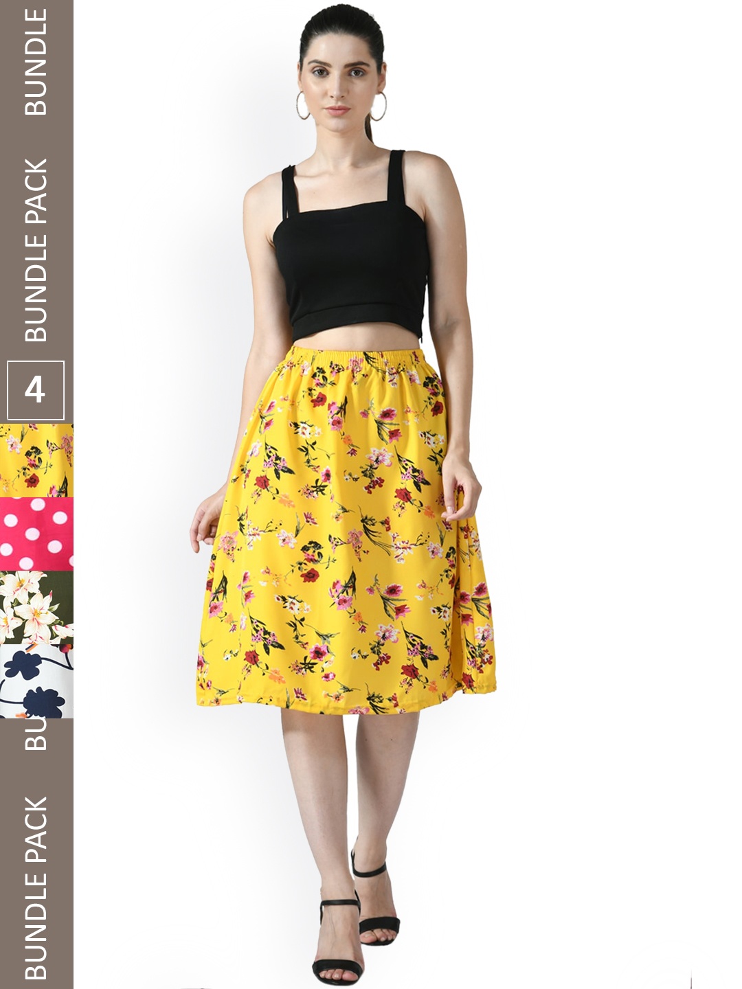 

IndiWeaves Pack of 4 Floral Printed Flared Midi Skirts, White
