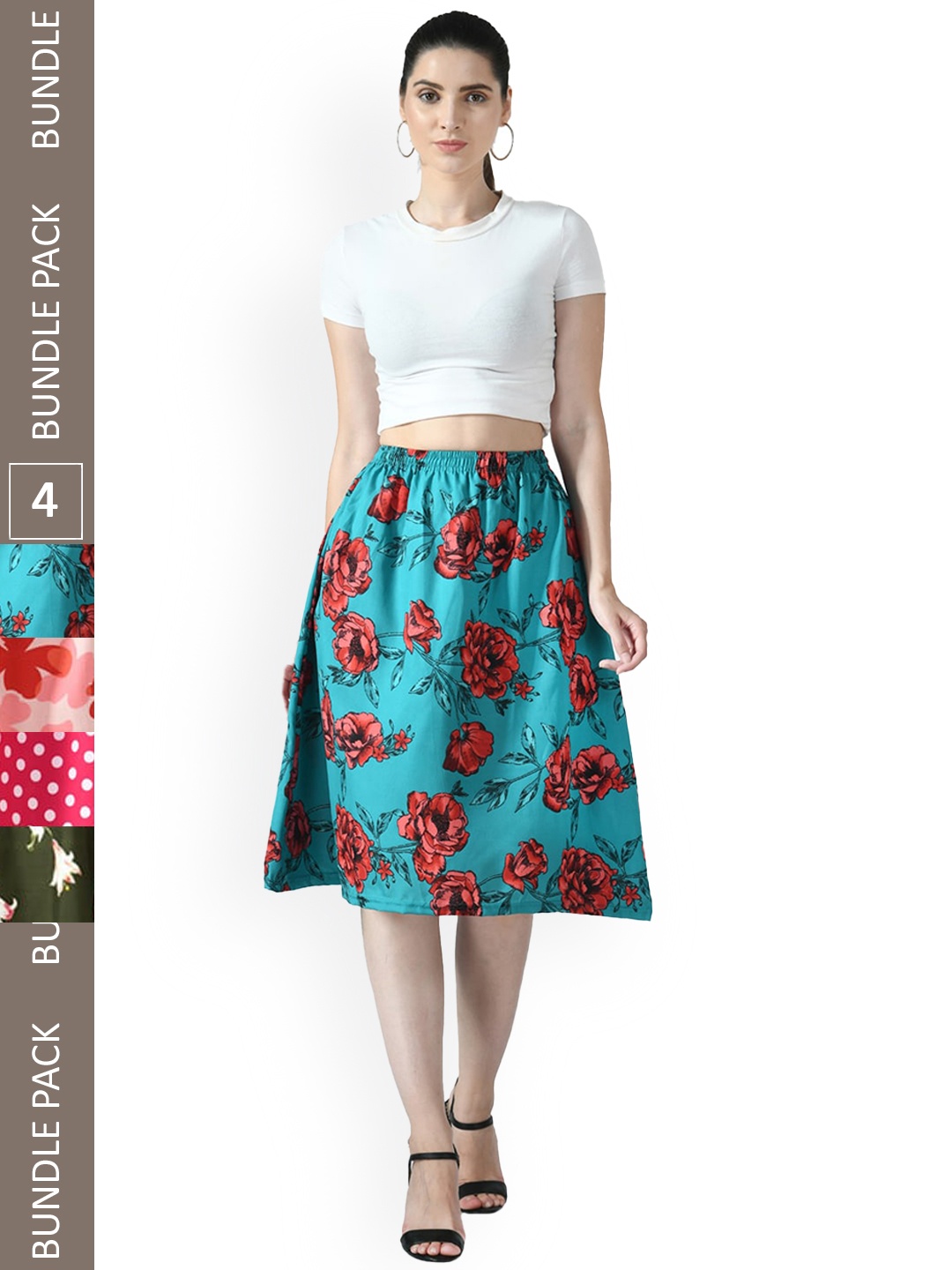 

IndiWeaves Pack of 4 Floral Printed Flared Midi Skirts, Red