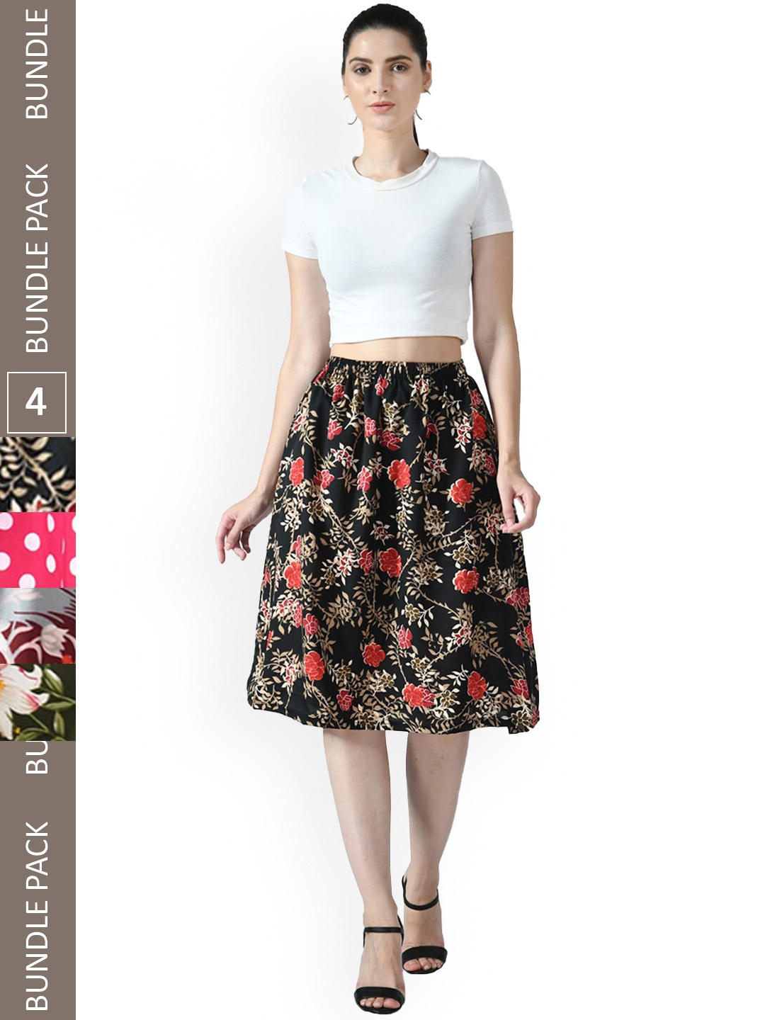 

IndiWeaves Pack of 4 Floral Printed Flared Midi Skirts, Black