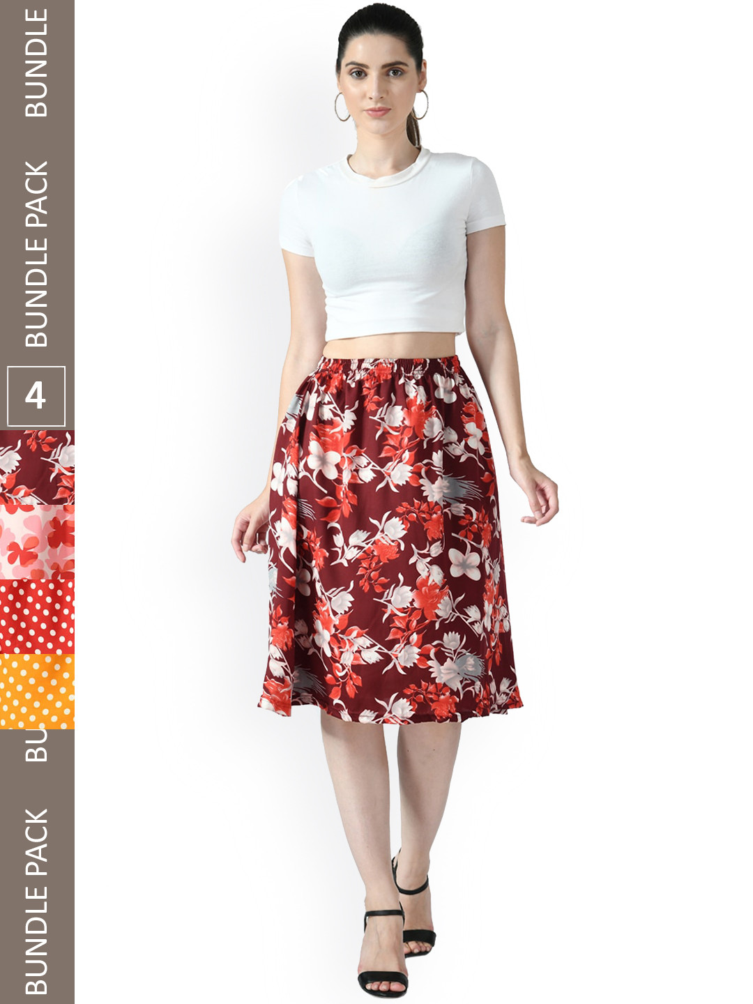 

IndiWeaves Pack of 4 Floral Printed Flared MidiSkirts, Maroon