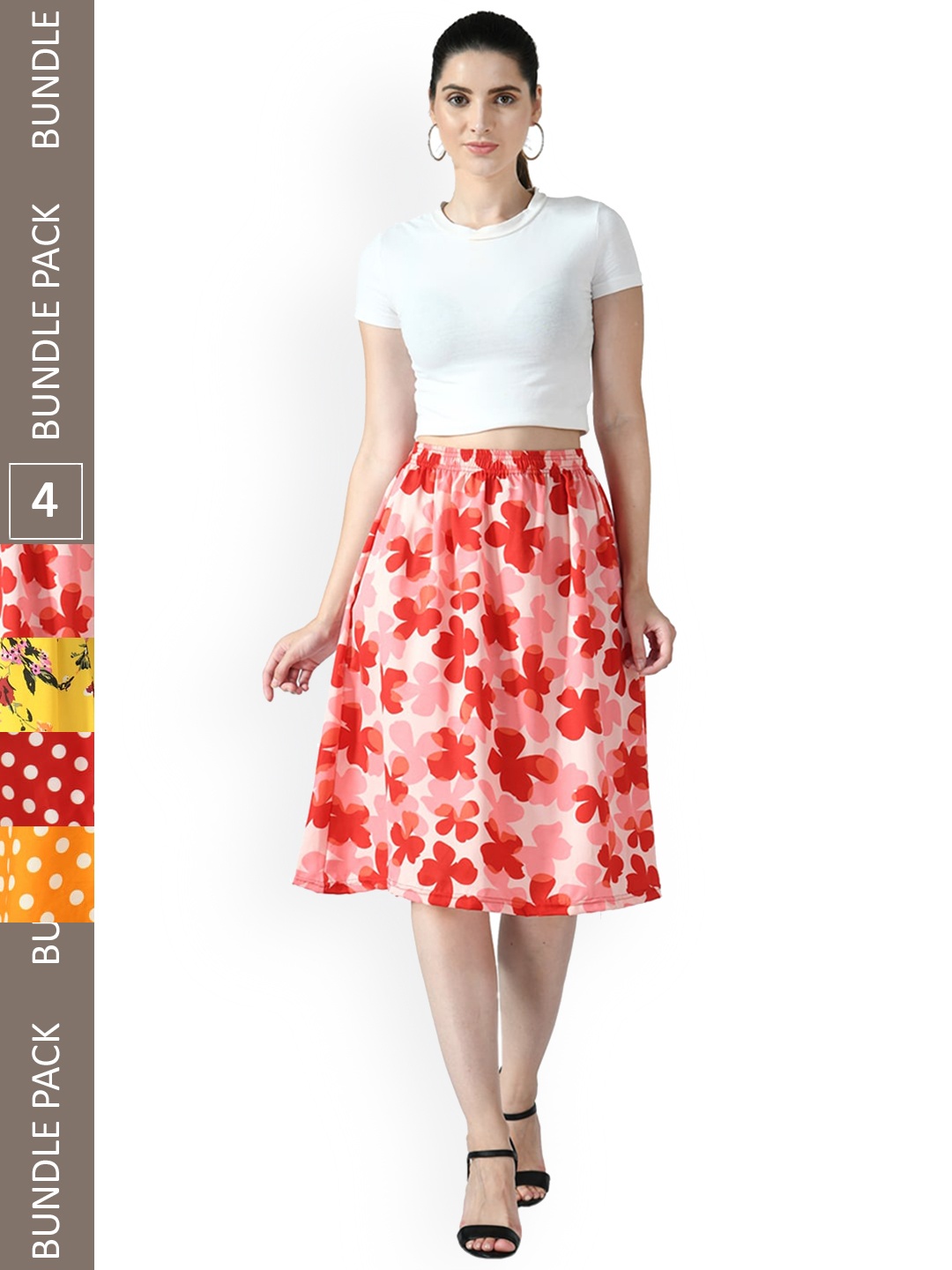 

IndiWeaves Pack of 4 Printed Flared Skirts, Red