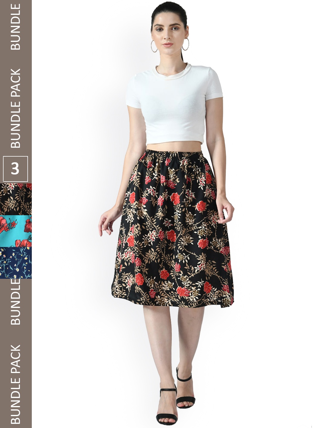 

IndiWeaves Pack Of 3 Printed Flared Midi Skirt, Black