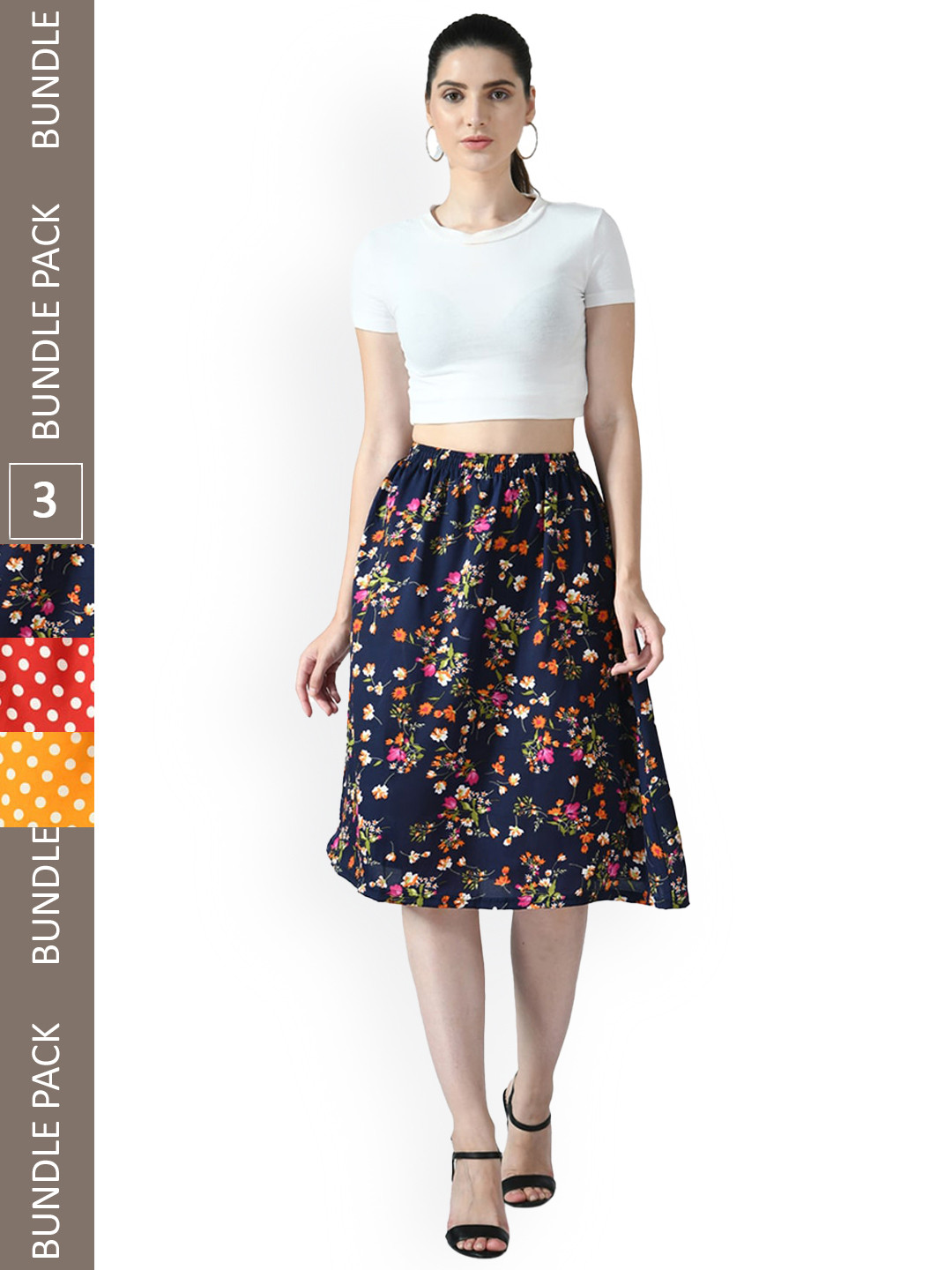 

IndiWeaves Pack Of 3 Printed Flared Midi Skirts, Red