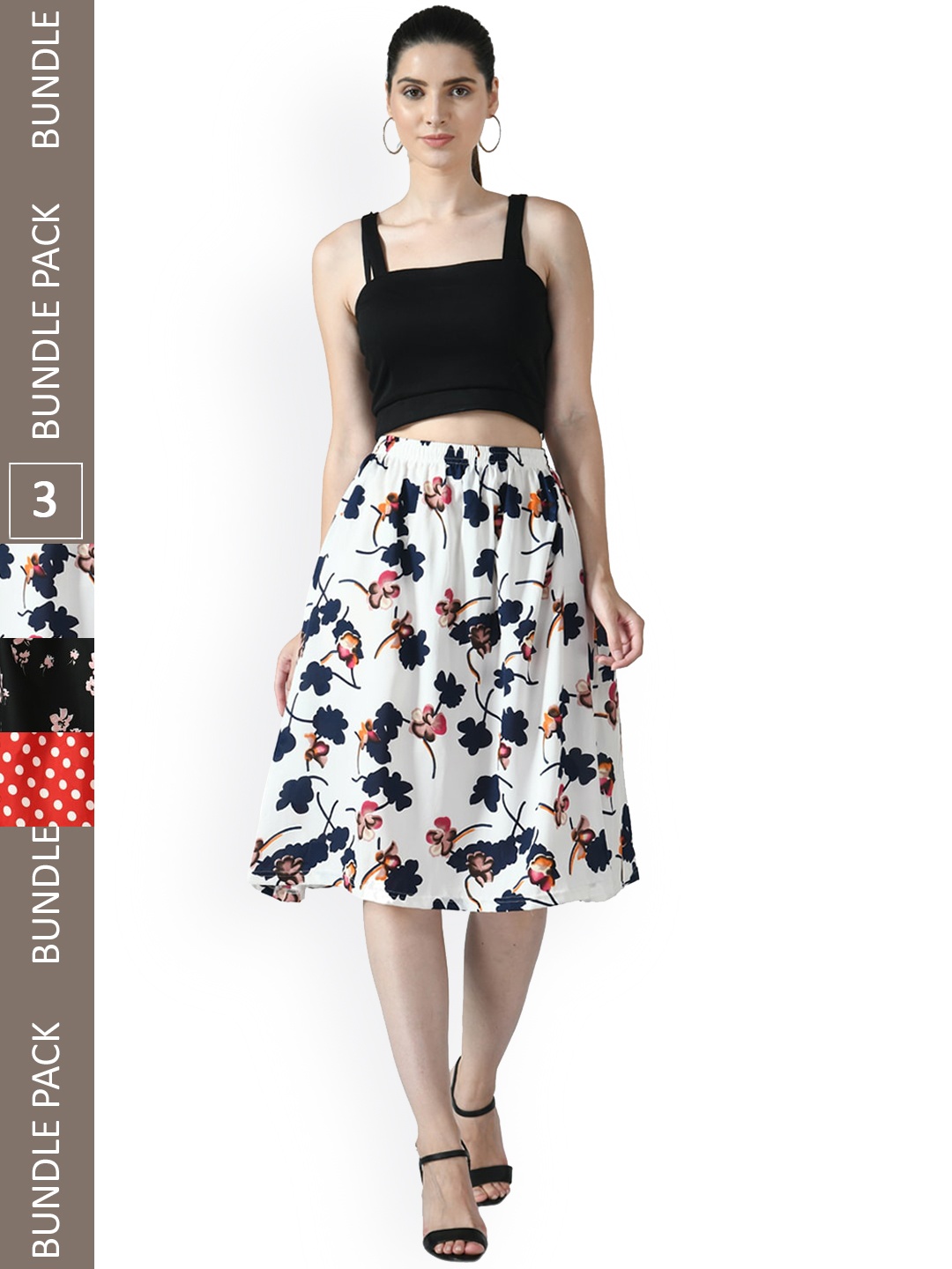 

IndiWeaves Pack Of 3 Printed Flared Midi Skirts, Black