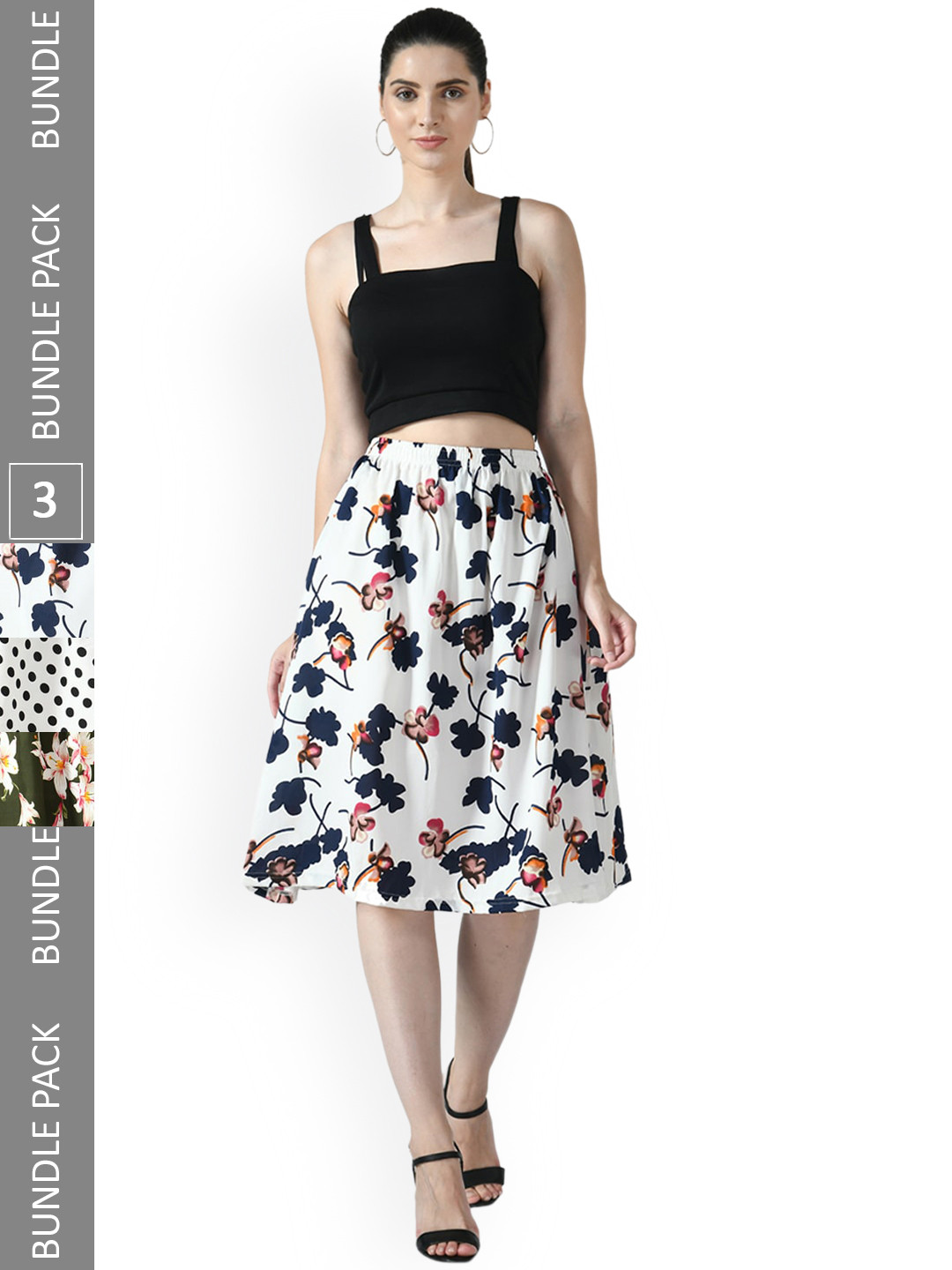 

IndiWeaves Pack Of 3 Printed Flared Midi Skirts, White
