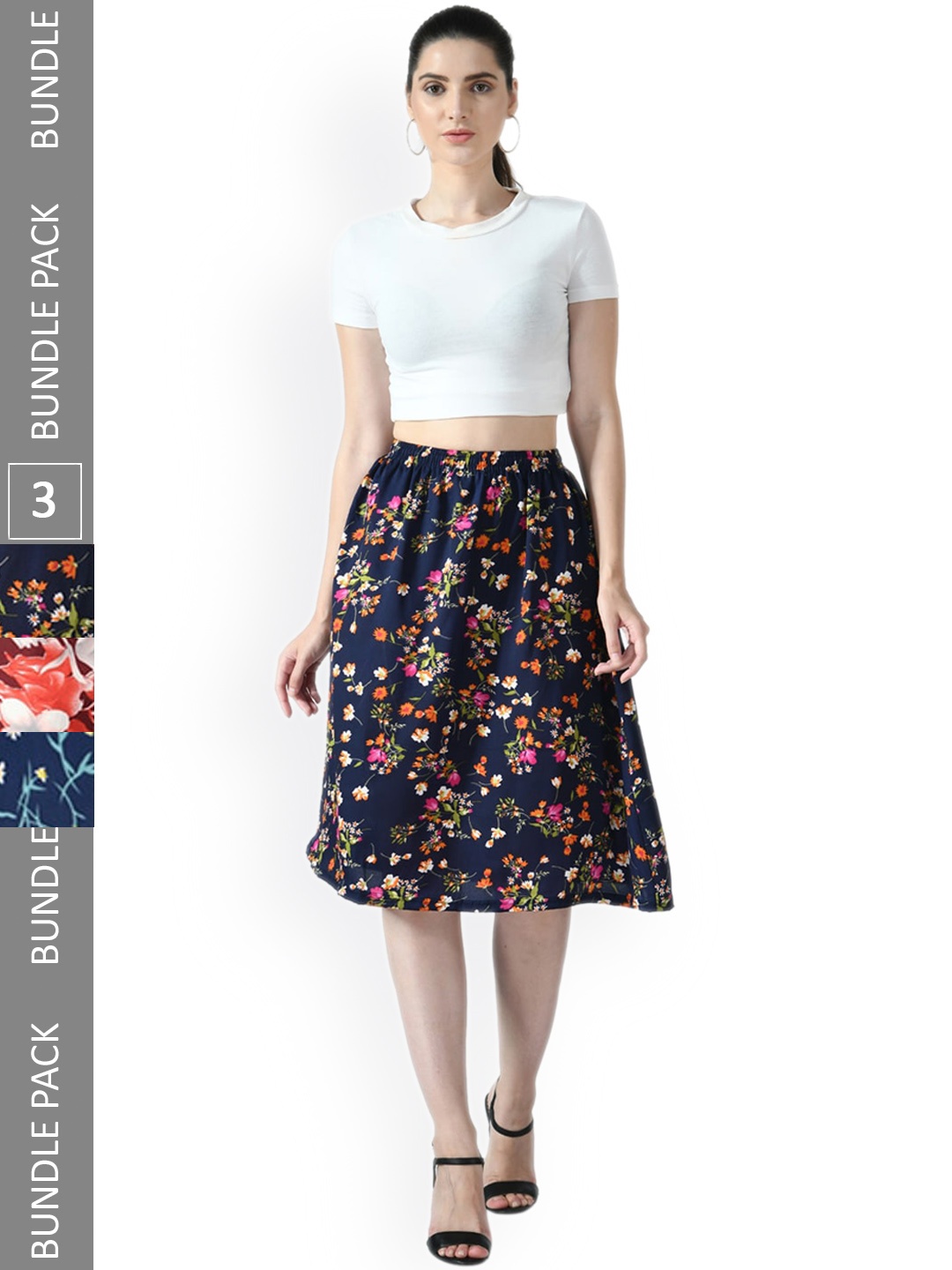 

IndiWeaves Pack Of 3 Printed Flared Midi Skirts, Navy blue